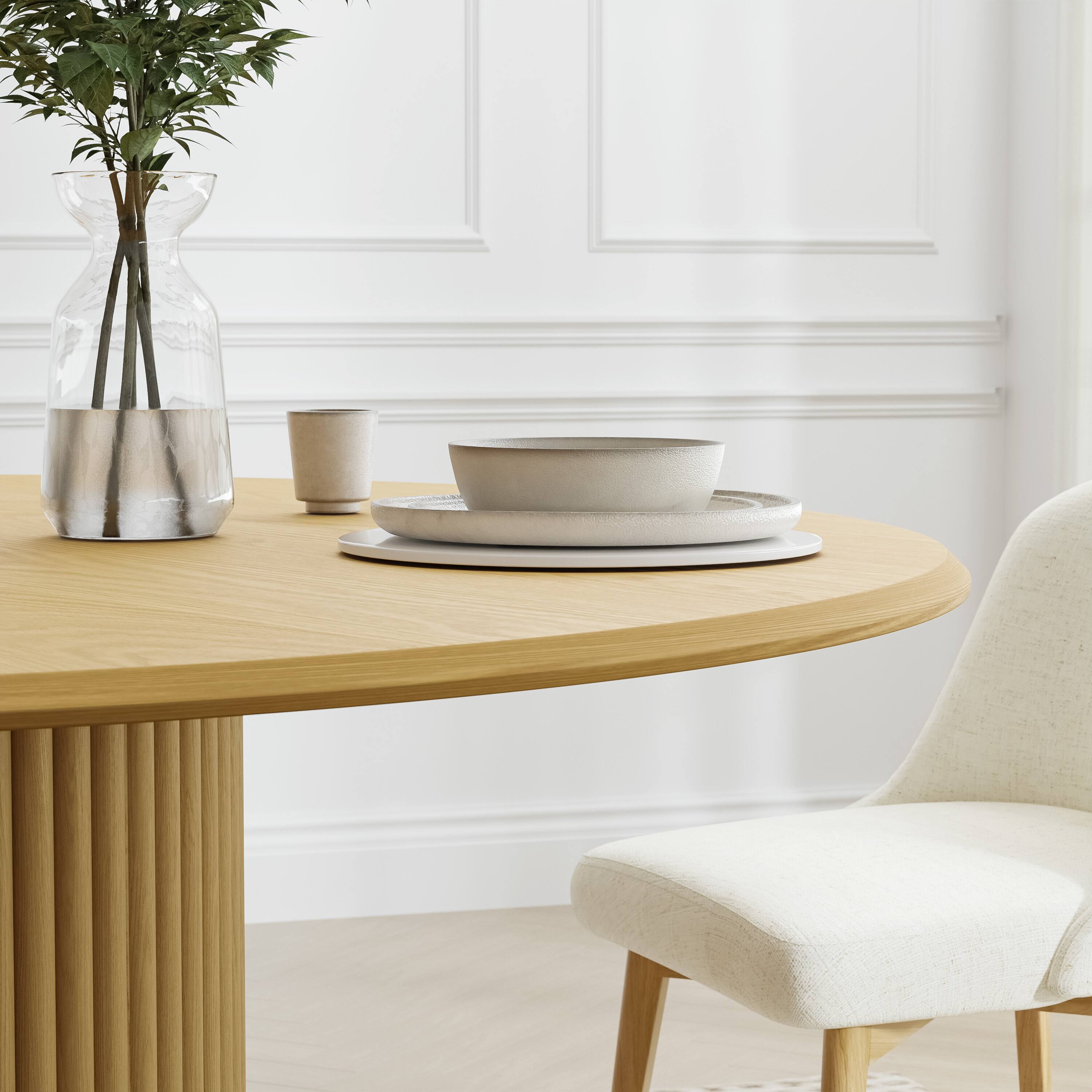 Alt View 4. PexFix - Minimalist Farmhouse Duckbill Edge Round Solid Oak 46 in. Wide Ribbed Base Kitchen & Dining Table Seats 4 - Natural.