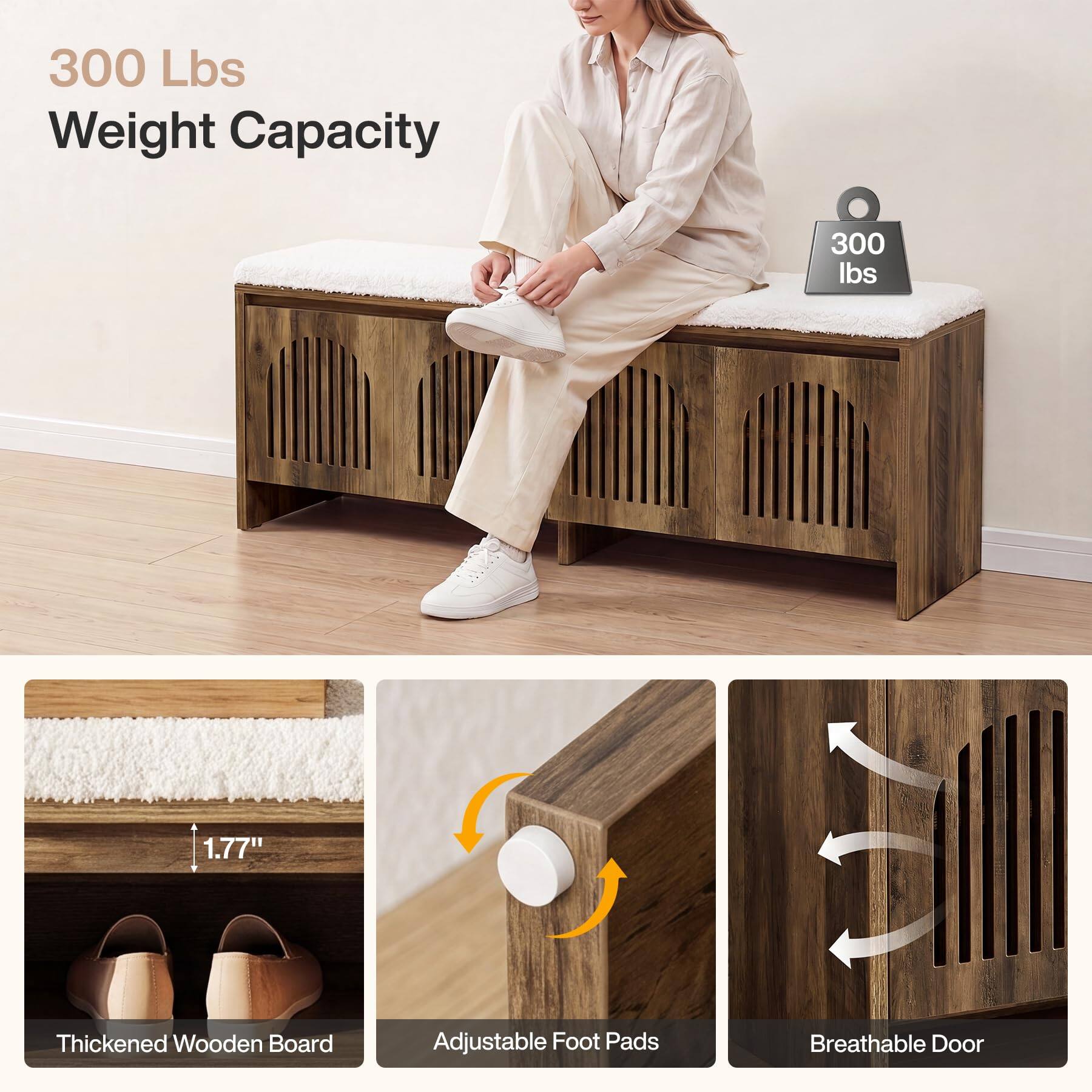 300 Lbs Weight Capacity  
300 lbs  
1.77"  
Thickened Wooden Board  
Adjustable Foot Pads  
Breathable Door