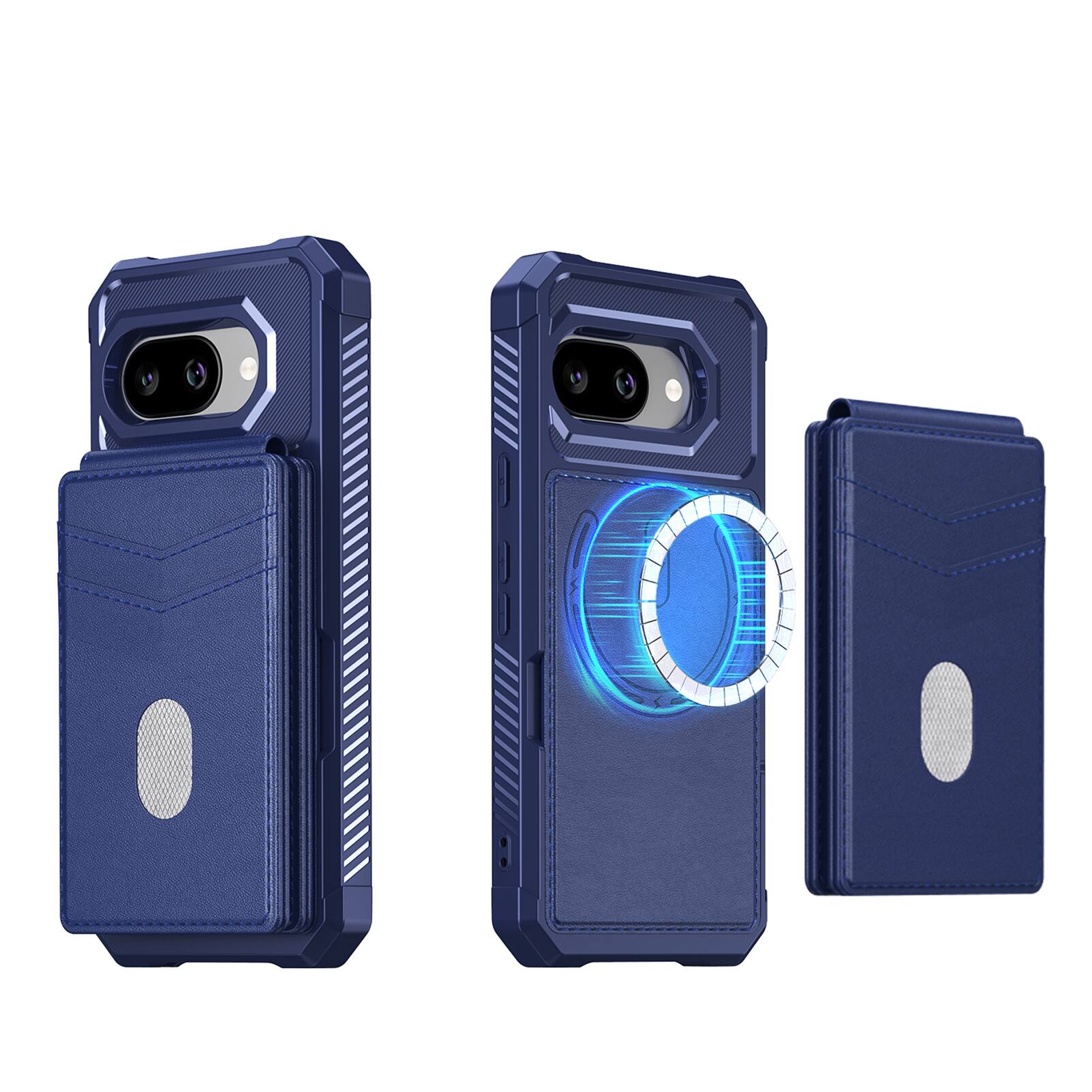 Angle. Dteck - For Google Pixel 10a 2-in-1 Magnetic Leather Flip Stand Wallet Case RFID Blocking Detachable Card Holder - Darkblue.