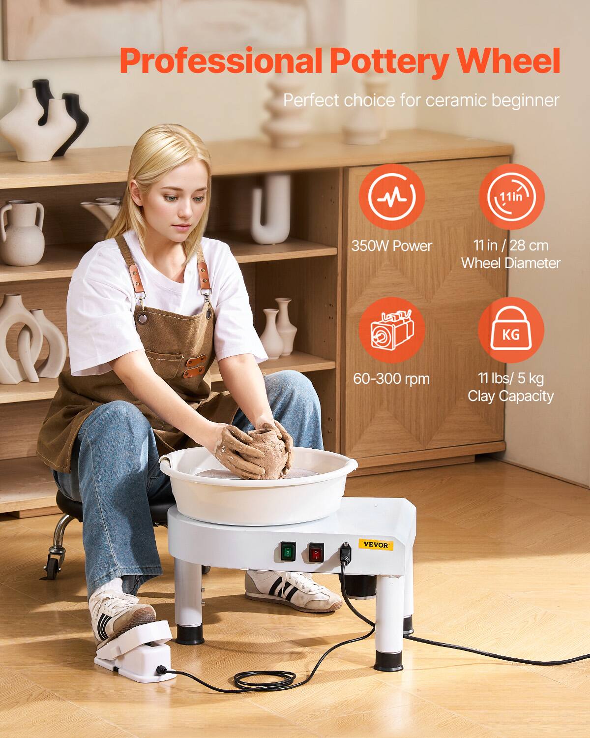 Professional Pottery Wheel  
Perfect choice for ceramic beginner  

- 350W Power  
- 11 in / 28 cm Wheel Diameter  
- 60-300 rpm  
- 11 lbs / 5 kg Clay Capacity  

VEVOR
