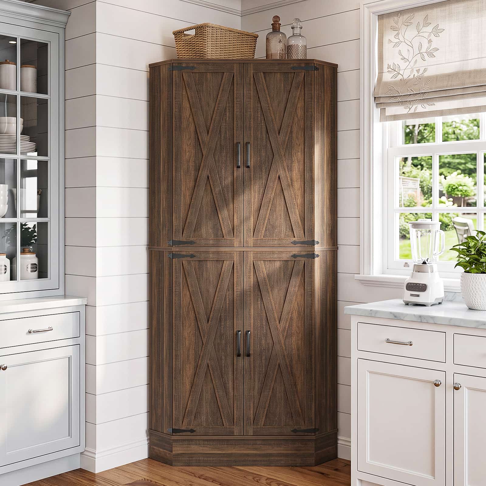 Left. Aheaplus - 70'' Tall Farmhouse Corner Pantry Storage Cabinet, Storage Cupboard with Drawer and 3 Adjustable Shelves - Weathered Brown.