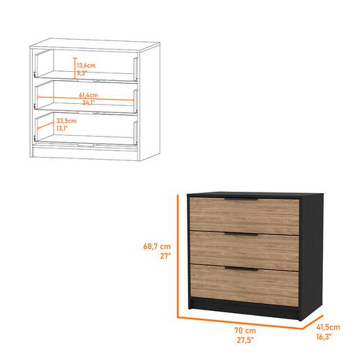 Sure, here is the corrected and grouped text from the image:

- **Dimensions of the drawer unit:**
  - Width: 70 cm (27.5")
  - Height: 68.7 cm (27")
  - Depth: 41.5 cm (16.3")

- **Drawer dimensions:**
  - Top drawer: 13.6 cm (5.3") high
  - Second drawer: 61.4 cm (24.1") high
  - Third drawer: 33.5 cm (13.1") high