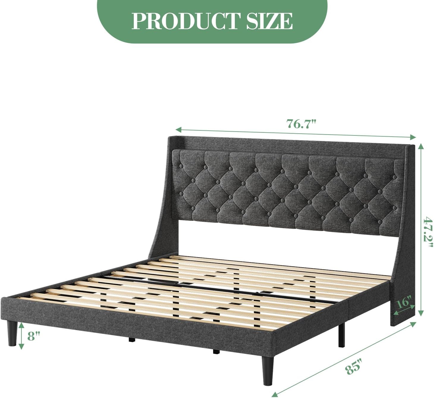 PRODUCT SIZE

76.7" (width)  
47.2" (height)  
16" (depth)  
8" (height of headboard)  
85" (length)