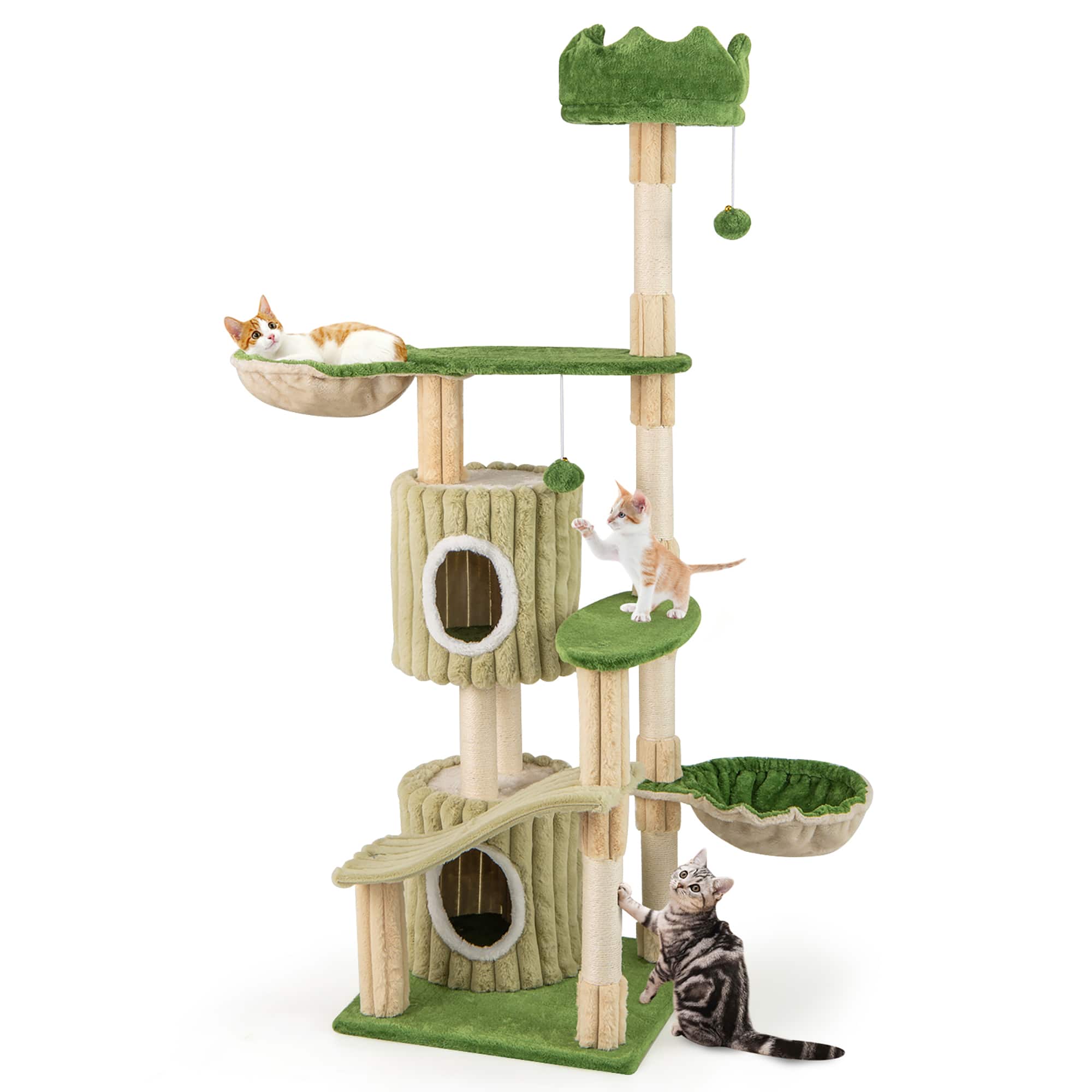 Gymax - 63'' Tall Cat Tree w/ 2 Condos Plush Padded Top Perch 2 Hammocks 2 Dangling Balls Green