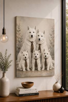 FC Design - Large White Wolf Family Canvas Print 24x36"-Ready-to-Hang Cozy Woodland Pack Home Accent Art Painting Home Wall Décor - MultiColor
