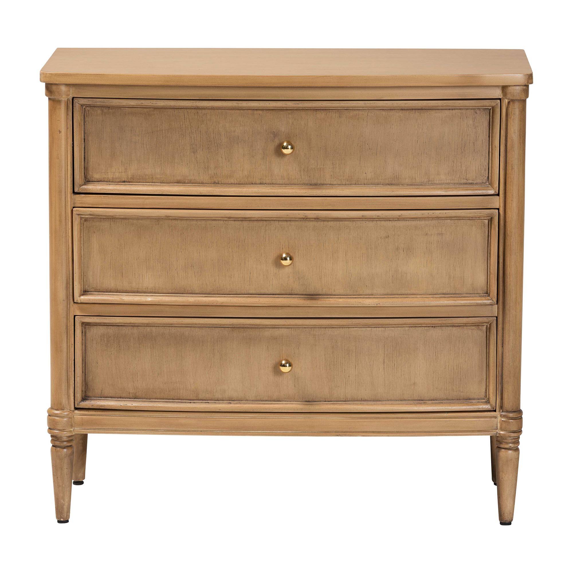 Left. bali & pari - Karmel Chest - 3-Drawer Storage Chest with Curved Front and Tapered Legs for Bedroom - Light Oak Brown.