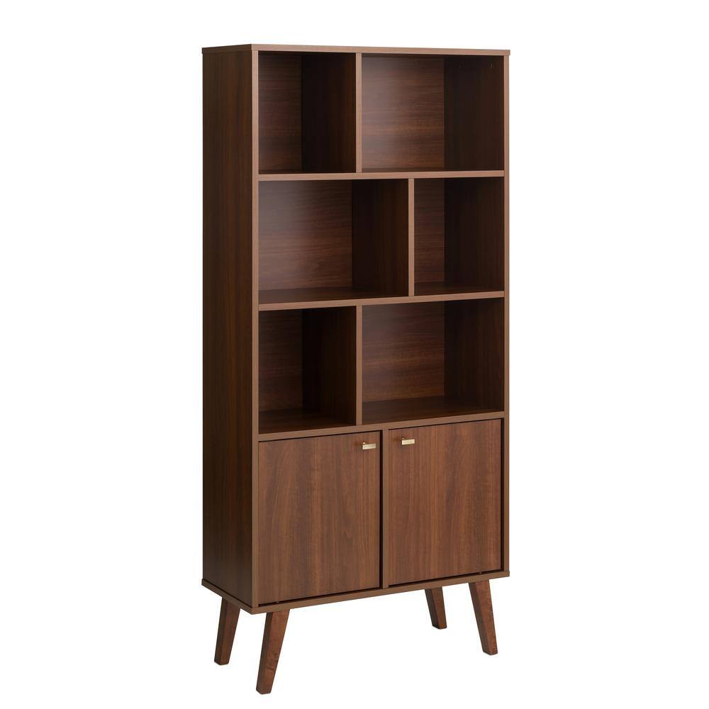 Angle. Prepac - Milo Mid-Century Modern Bookcase with Six Shelves and Two Doors - Cherry.