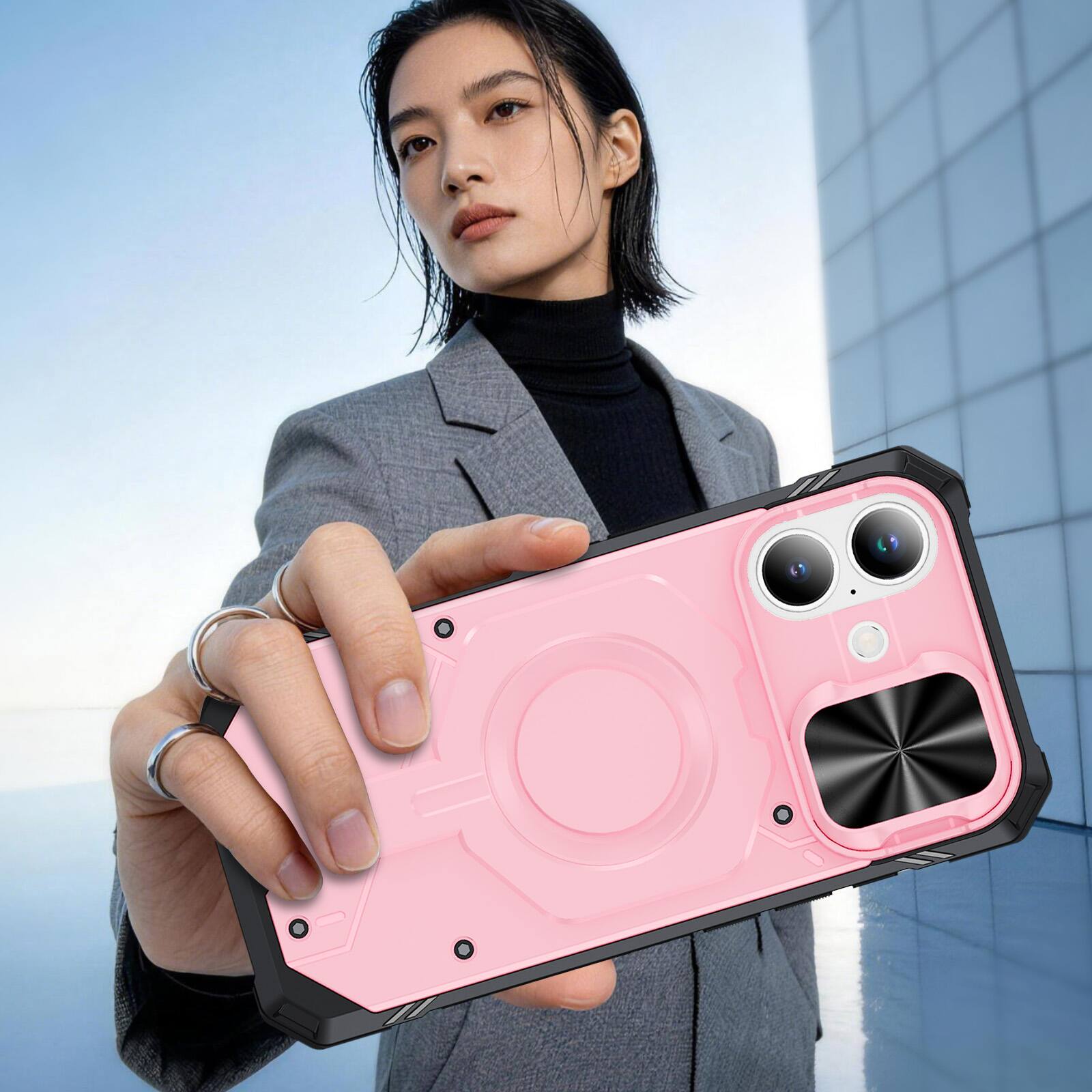Alt View 2. Dteck - Rugged Shockproof Magnetic Hybrid Protective Case for Apple iPhone 17 with Slide Camera Cover, Side Anti-Slip Texture - Pink.