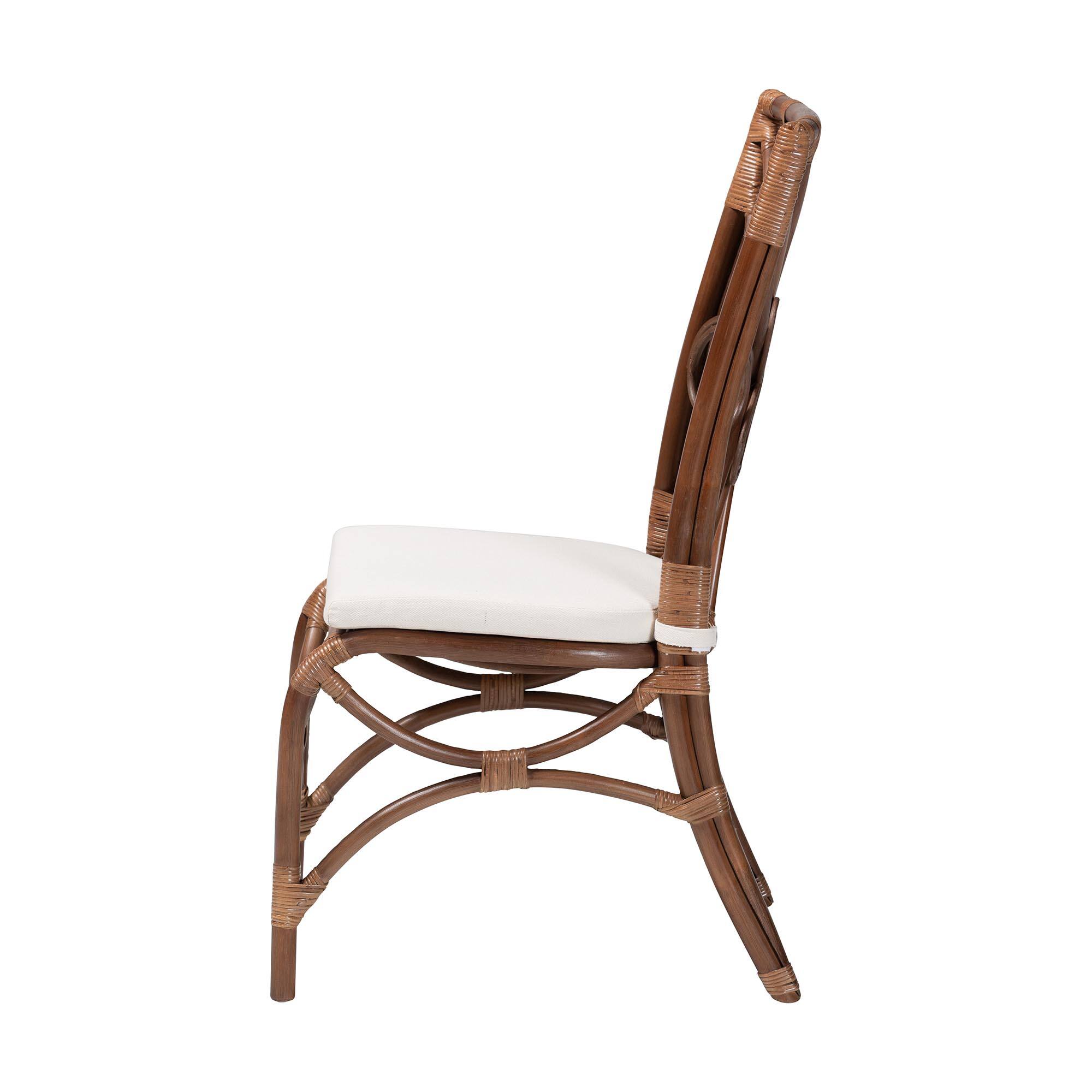 Left. bali & pari - bali & pari Brama Natural Rattan Dining Chair with Decorative Backrest and Cushioned Seat - Light Brown.