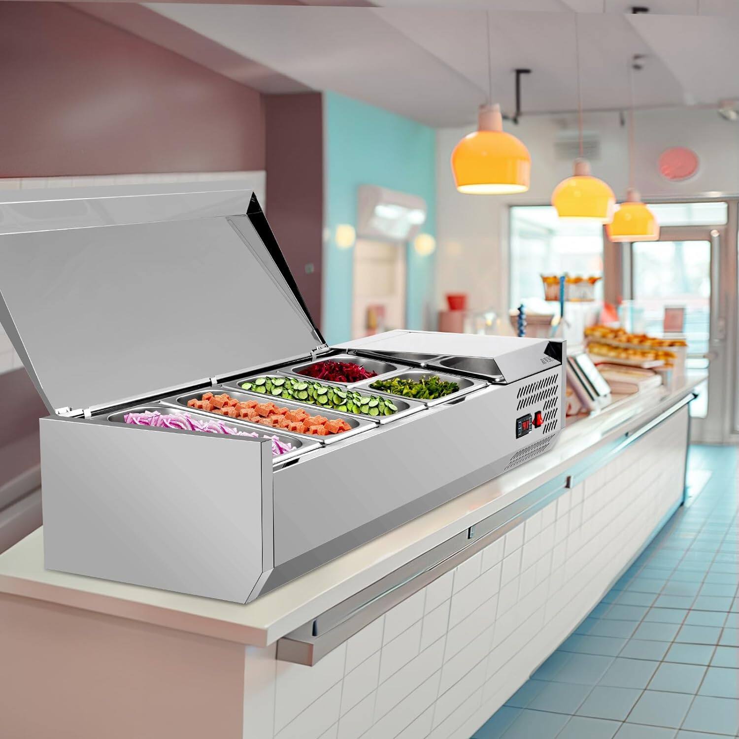 Alt View 7. Winado - 47" Refrigerated Condiment Prep Station, 25.1QT Sandwich Prep Table Salad Bar Prep Rail w/Auto Defrost Temp Control - Silver.