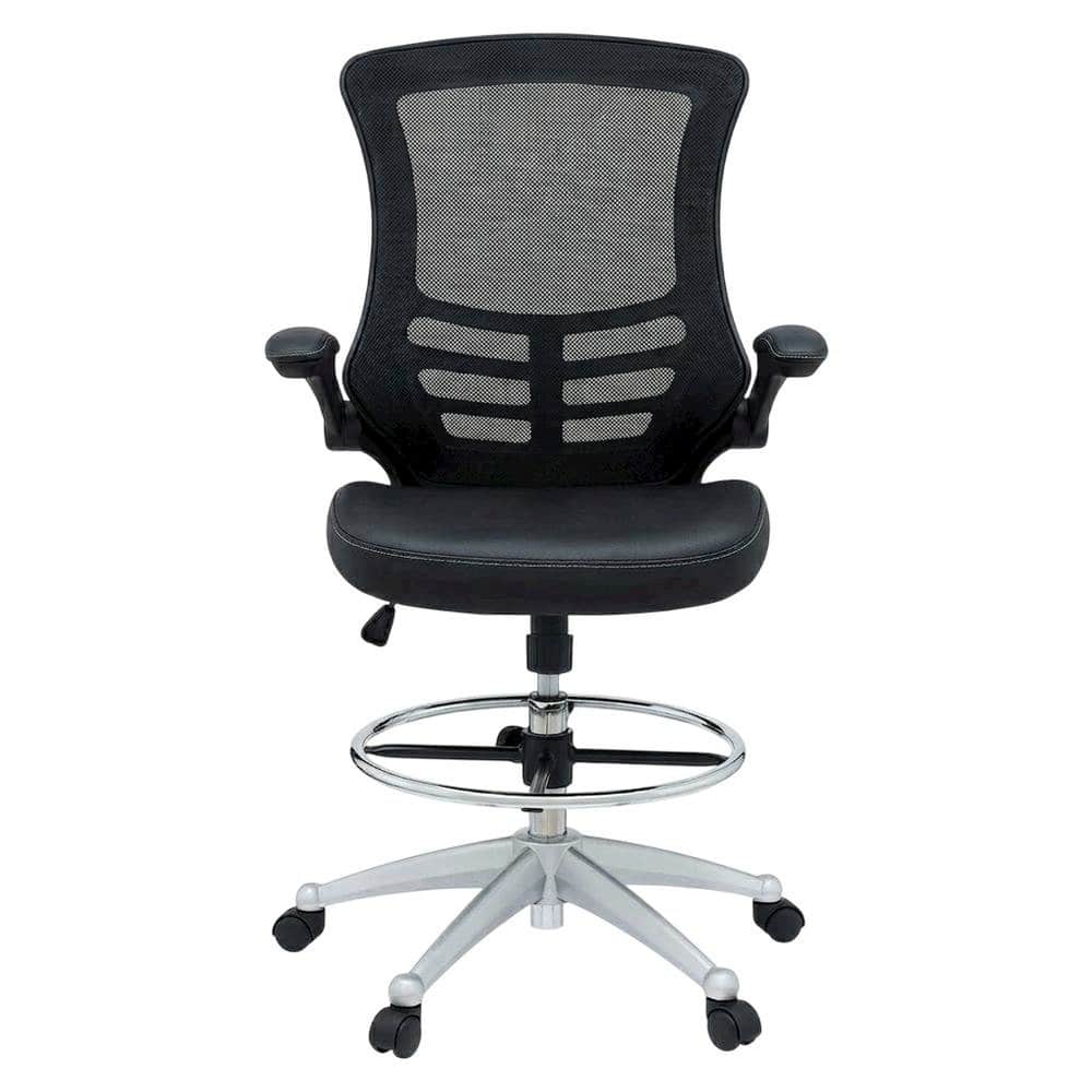 FurniFact - Vinyl Drafting Chair with Armrests and Adjustable Height for Office Use - Black