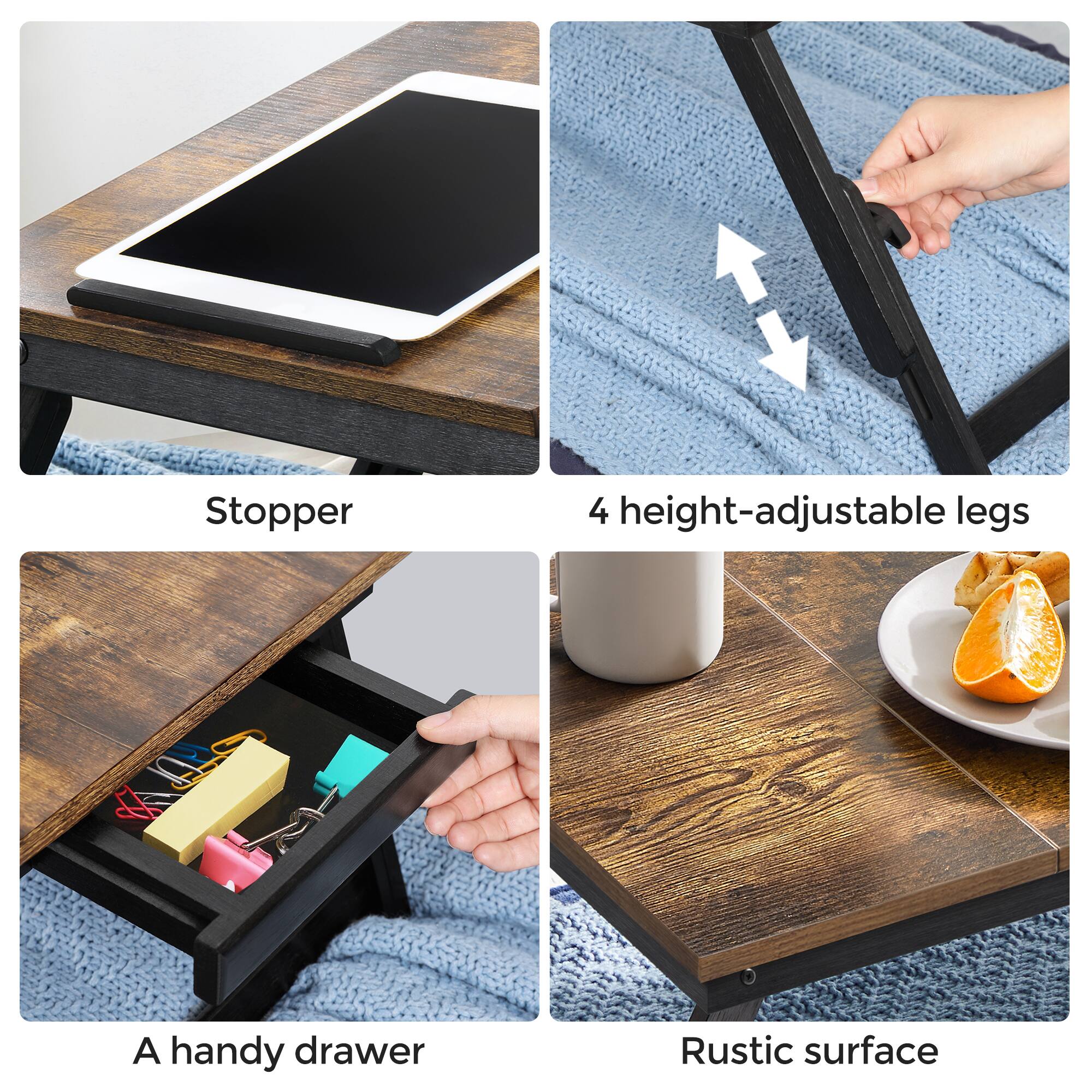 - Stopper
- 4 height-adjustable legs
- A handy drawer
- Rustic surface