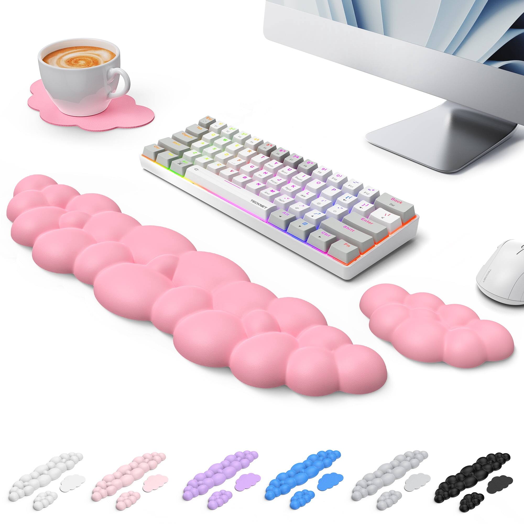 TECKNET - Cloud Keyboard Wrist Rest Set, Pain Relief, Non-Slip PU Leather Memory Foam for PC,Office,Gaming - Dark Pink