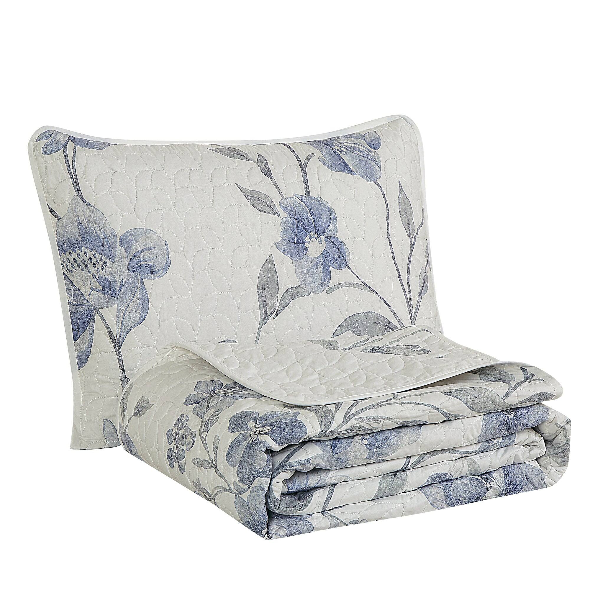Alt View 1. MarCielo - MarCielo 3 Piece Lightweight Quilt Bedspread Set Reversible Floral Botanical - Blue Peony.