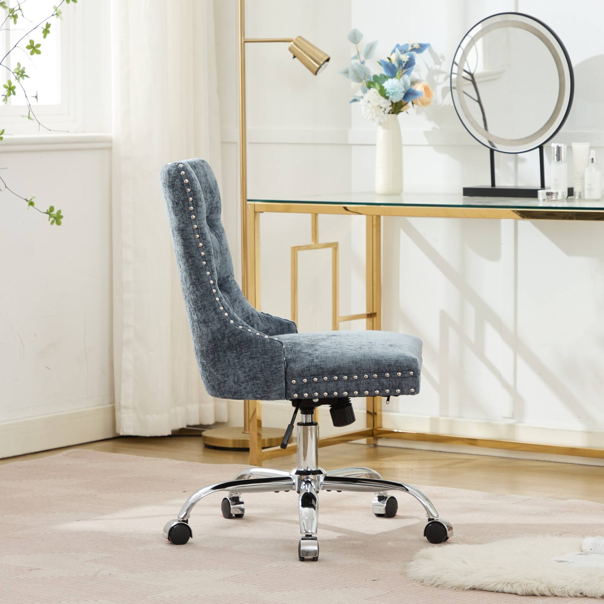 Back. Trinkets Crazed - Home Office Chair with Wheels & Silver Base,Chenille Fabric Makeup Vanity Chair with Tufted Back, Swivel Desk Chair - Light Blue.
