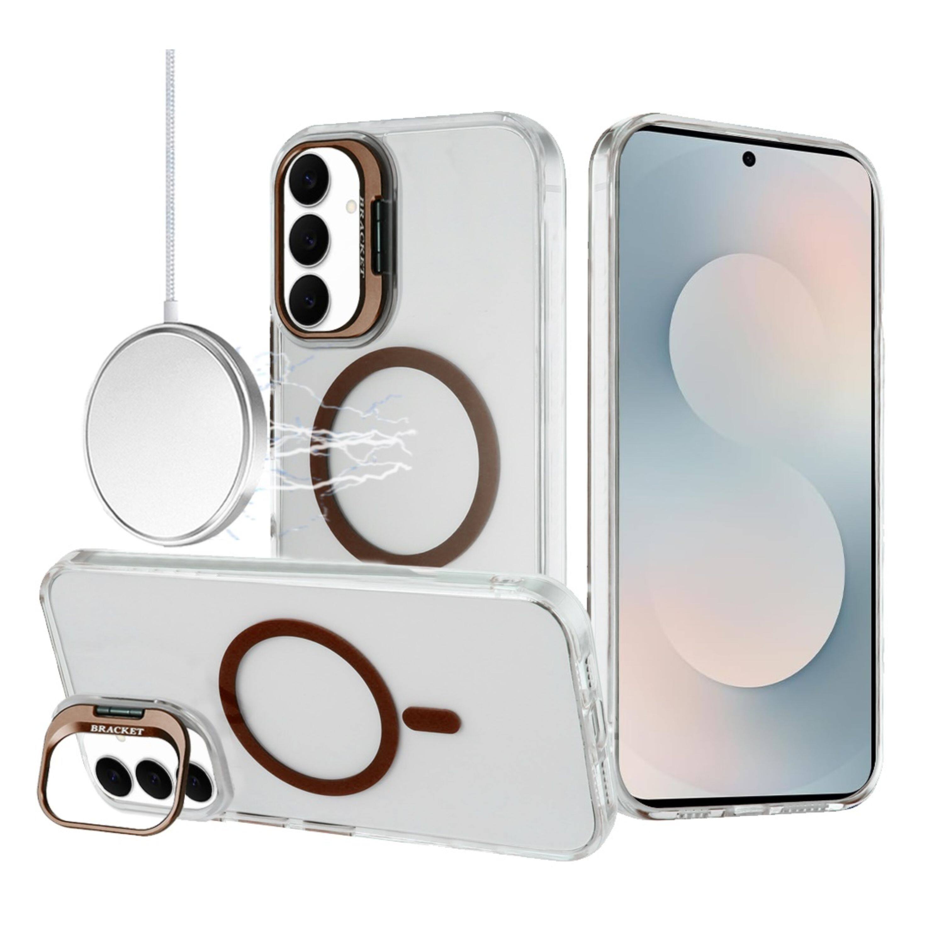 Angle. Kitcheniva - Transparent Back Metallic Camera Stand Magnetic Circle Phone Case With Tempered Glass Samsung Galaxy S25 FE Desert Gold - Desert Gold.