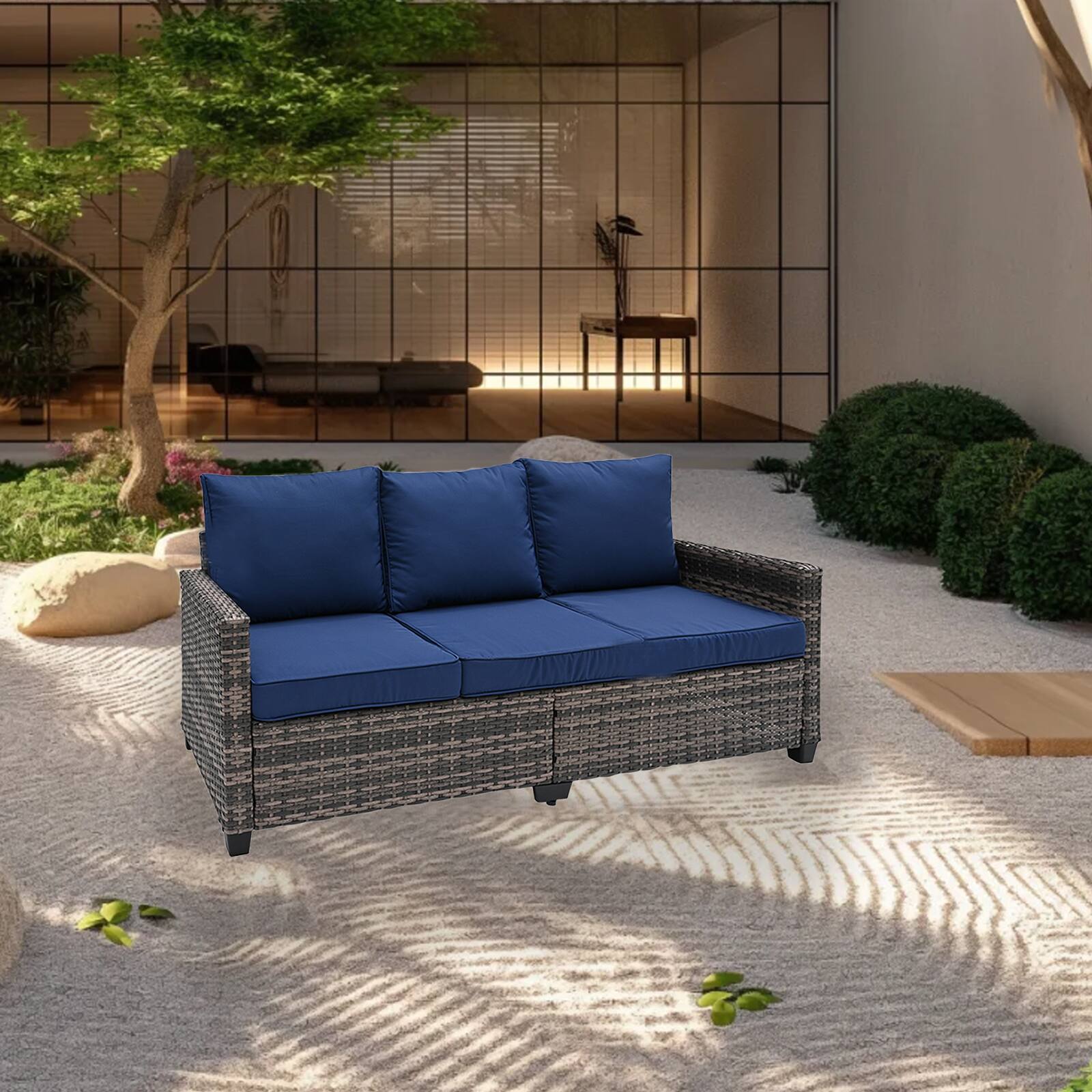 Left. Decksplore - Metal Frame Outdoor Couch with Navy Blue Cushions, PE Ratten Sofa, Seats 3 - Navy Blue.
