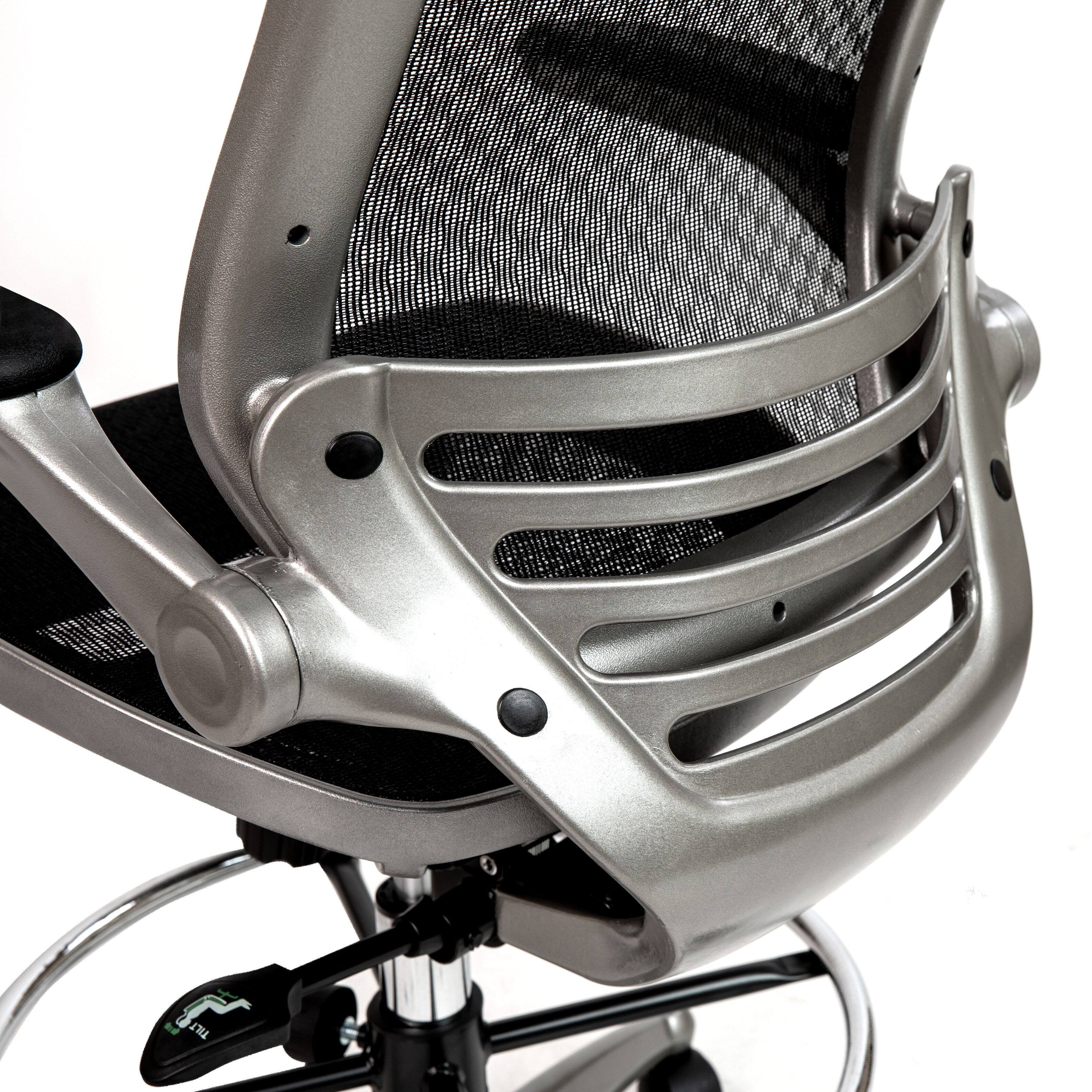 Alt View 8. Emma + Oliver - Mid-Back Transparent Mesh Drafting Chair with Flip-Up Arms - Black Mesh/Graphite Silver Frame.