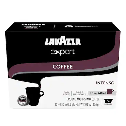 LAVAZZA expert COFFEE INTENSO
DARK BOLD & ROAST FULL-BODIED
8 fl oz (240 ml)
GROUND AND INSTANT COFFEE
36 - 0.30 oz (8.5 g) / NET 10.8 oz (306 g)
CAPSULES