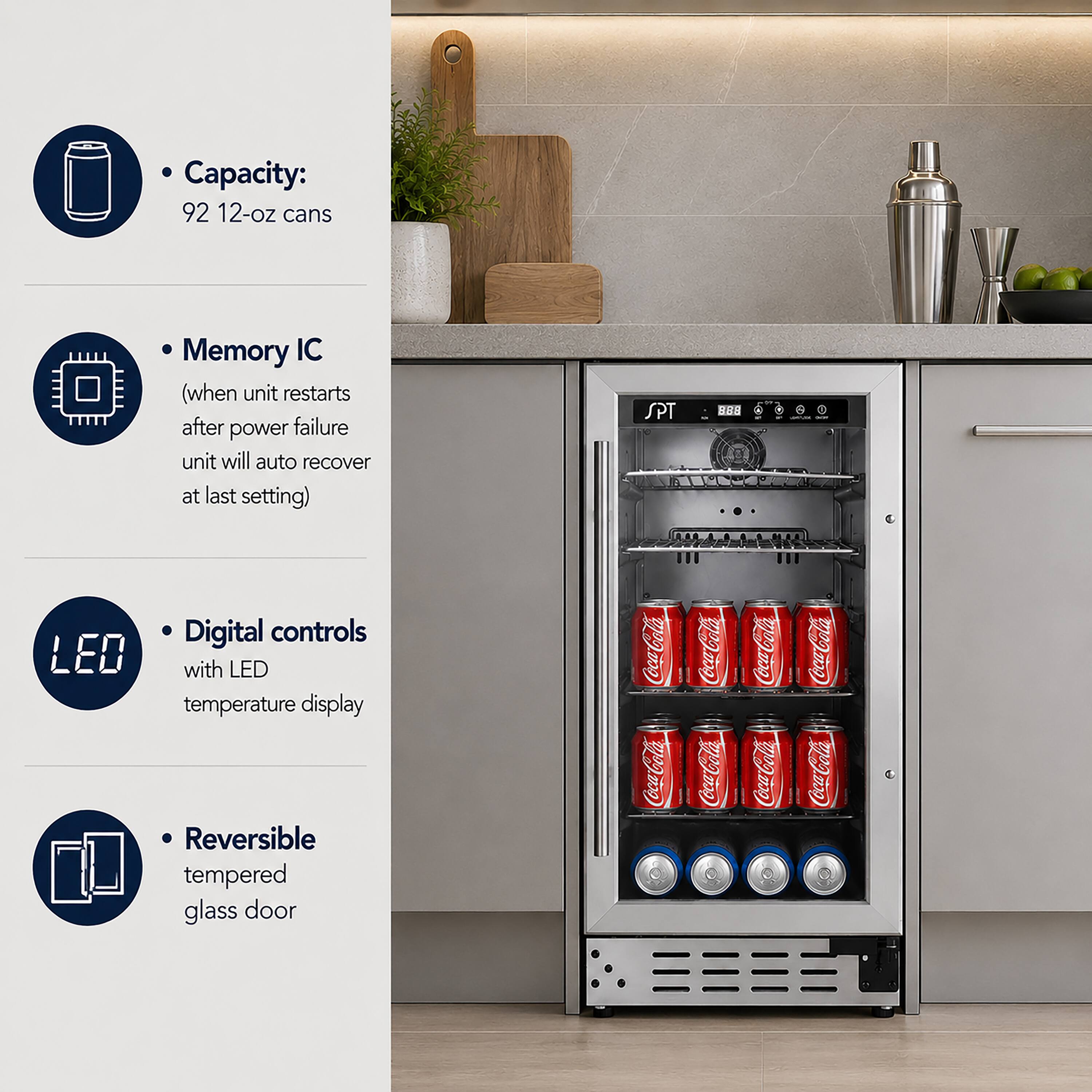 - Capacity: 92 12-oz cans
- Memory IC (when unit restarts after power failure, unit will auto recover at last setting)
- Digital controls with LED temperature display
- Reversible tempered glass door