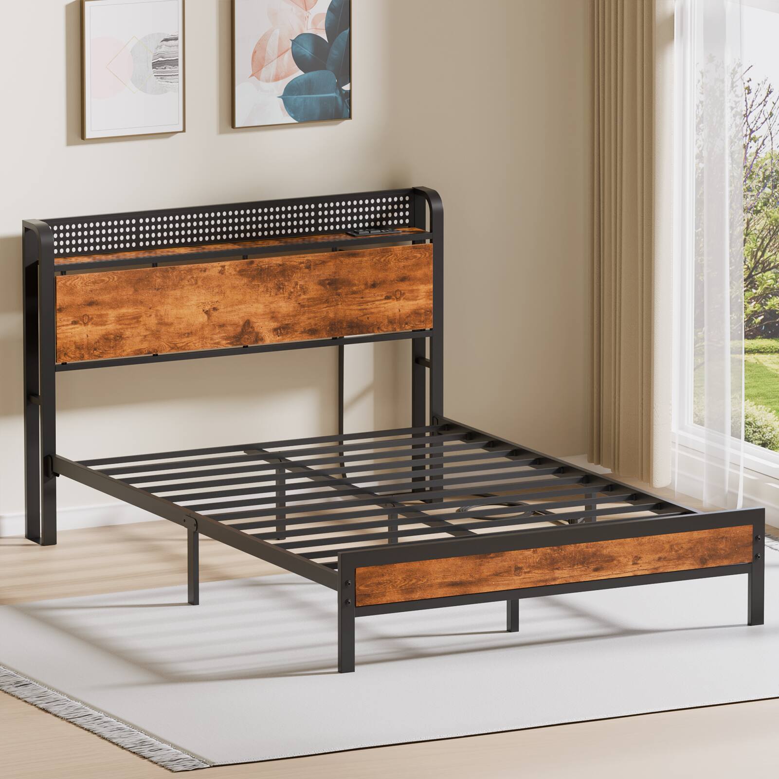 Left. Furnulem - Furnulem Bed frame with Wood Storage Headboard,Metal Platform Bed with Under Storage - Brown.