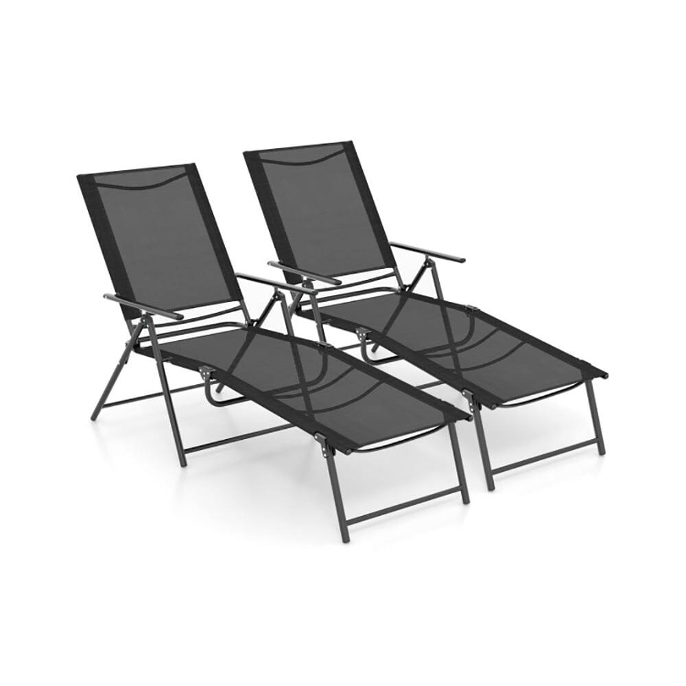 Left. Pefilos - Patio Lounge Chair, 2 Piece Patio Folding Chaise Lounge Chairs Recliner with 6-Level Backrest-Black Cushion - Black.