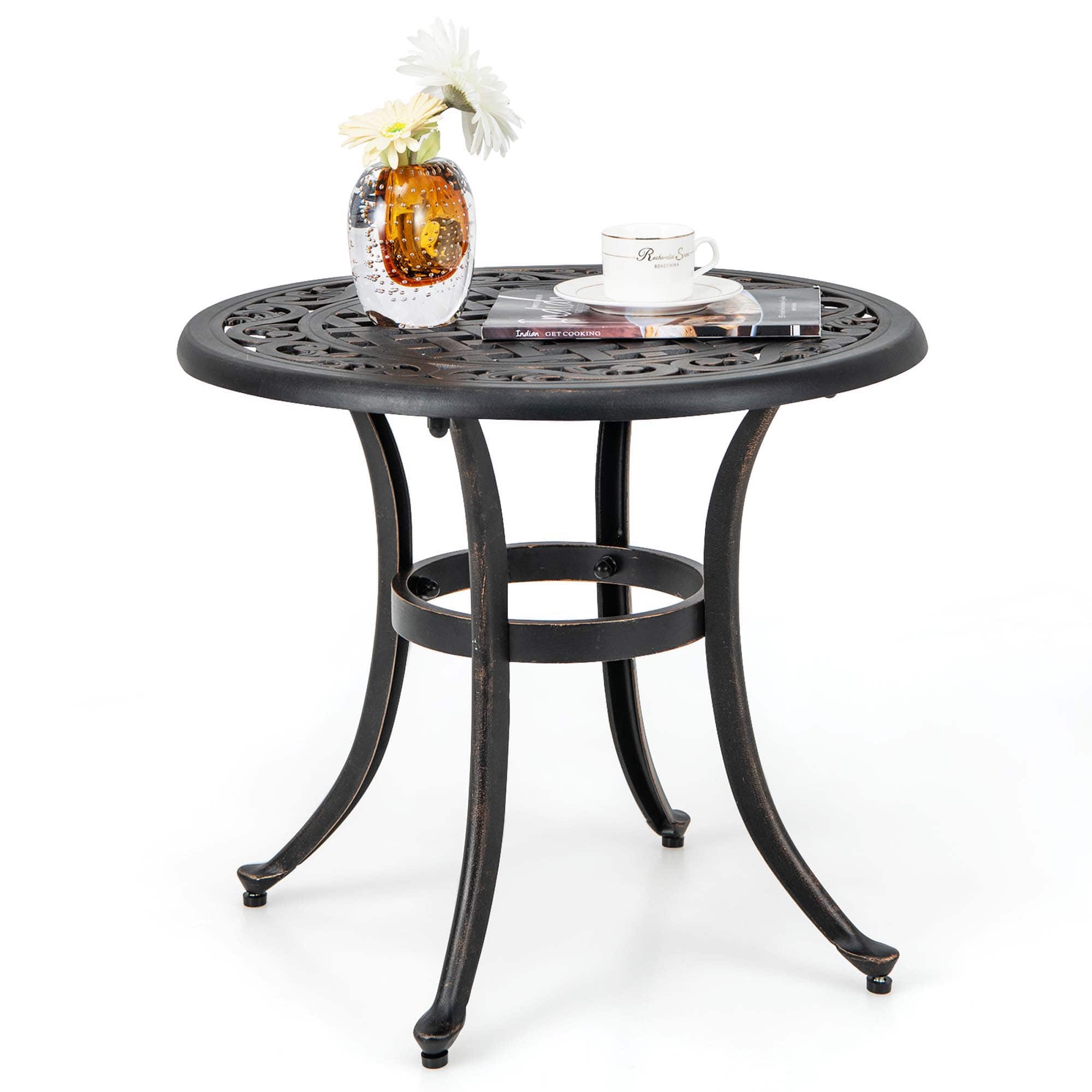Costway - 24" Patio Side Table with Adjustable Footpads Round Cast Aluminum End Table - Antique Brown