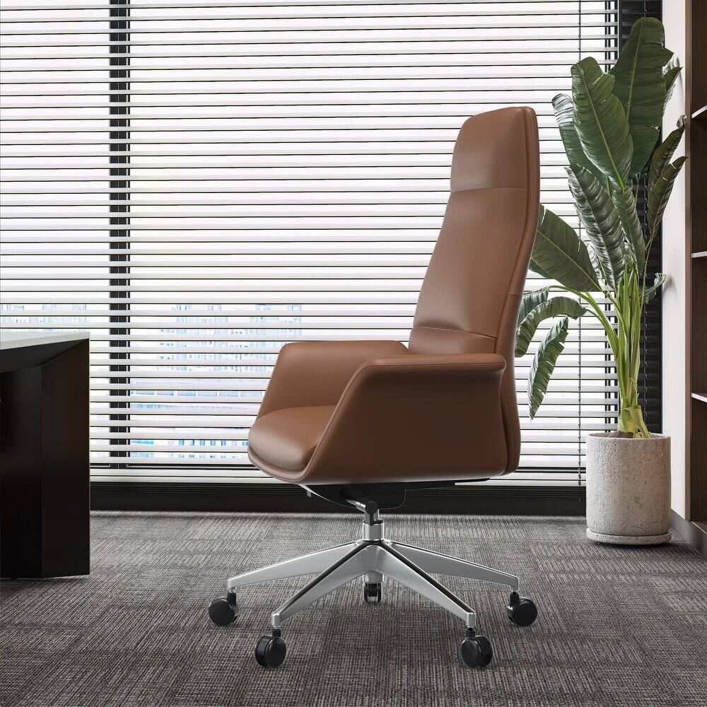 Left. LeisureMod - Summit Ergonomic High Back Office Chair, Leather Desk Chair, Metal Frame, Adjustable Height, Swivel & Tilt, Plush Seat - Dark Brown.
