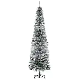 PULUZ - 7.5ft Flocked Christmas Tree, Pencil Artificial Xmas Tree with Faux Snow, Dense Branches, Foldable Metal Base for Indoor - Green