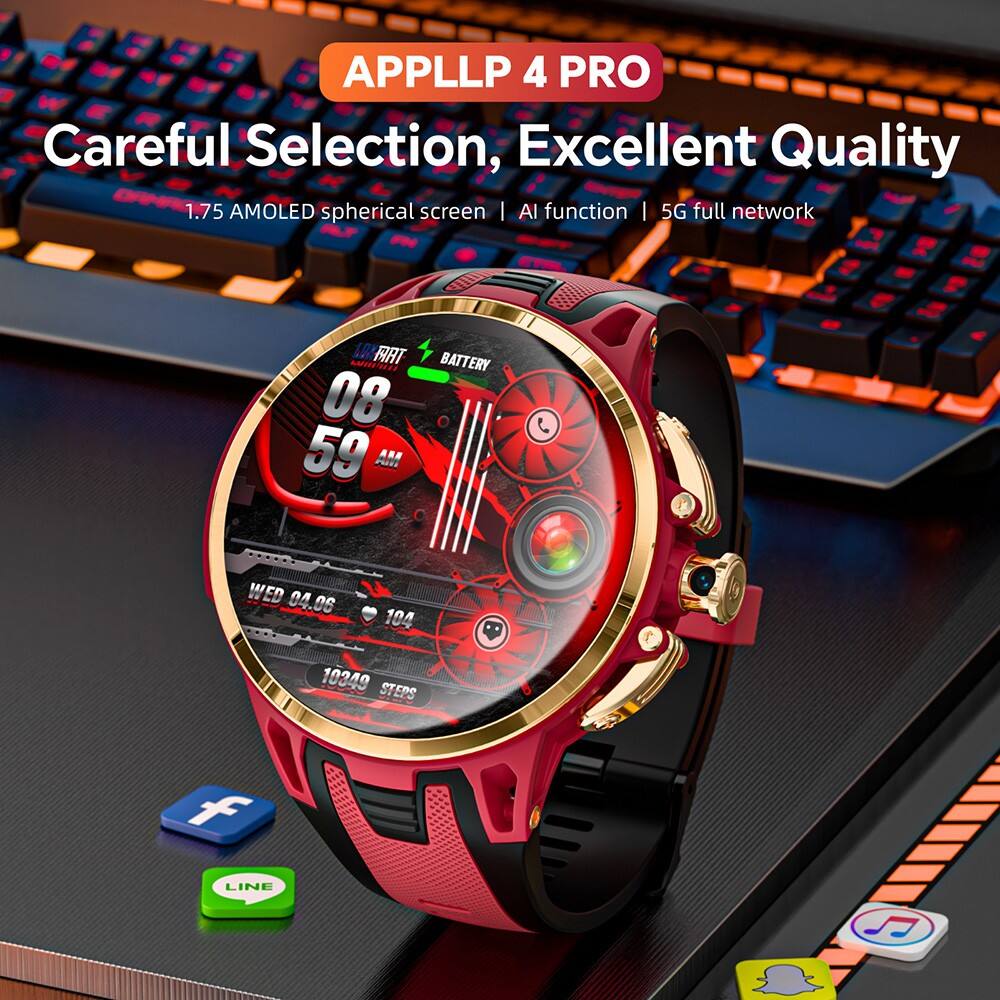 APPLL P 4 PRO  
Careful Selection, Excellent Quality  
1.75 AMOLED spherical screen | AI function | 5G full network  

08 59 AM  
WED 04.06  
104  
10349 STEPS  

LINE