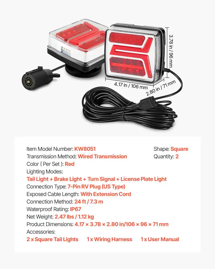 VEVOR Trailer Lights, 2PCS 12V Square Magnetic LED Trailer Tail Lights ...