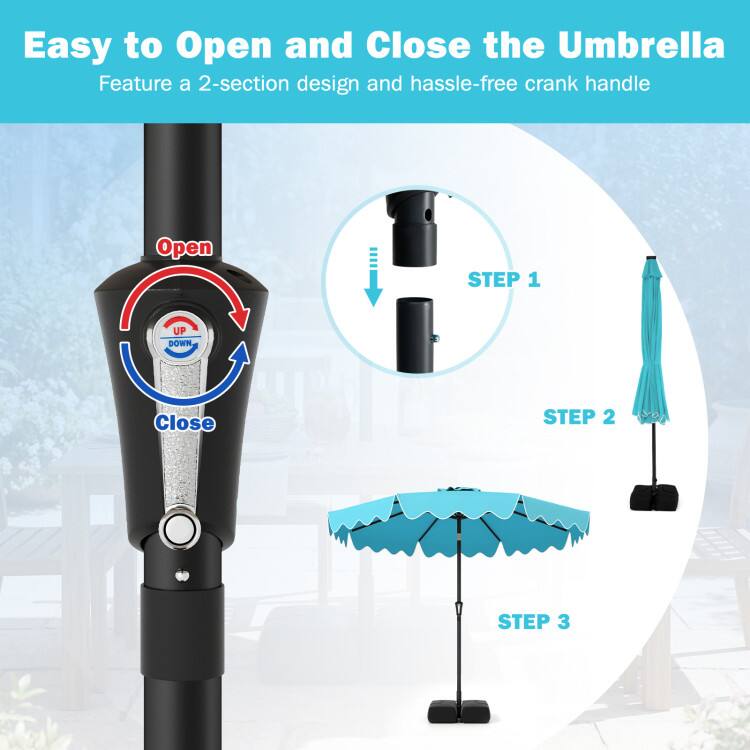Easy to Open and Close the Umbrella  
Feature a 2-section design and hassle-free crank handle  

Open STEP 1  
Close STEP 2  
STEP 3