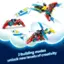 The image features a red and blue toy airplane, which is part of a building set. The toy airplane is shown in various stages of construction, with the final product being a sleek and colorful airplane. The image also shows the toy airplane flying through the sky, indicating that it is ready for play. The text on the image suggests that the building set encourages creativity and allows users to unlock new levels of play by constructing different parts of the airplane.