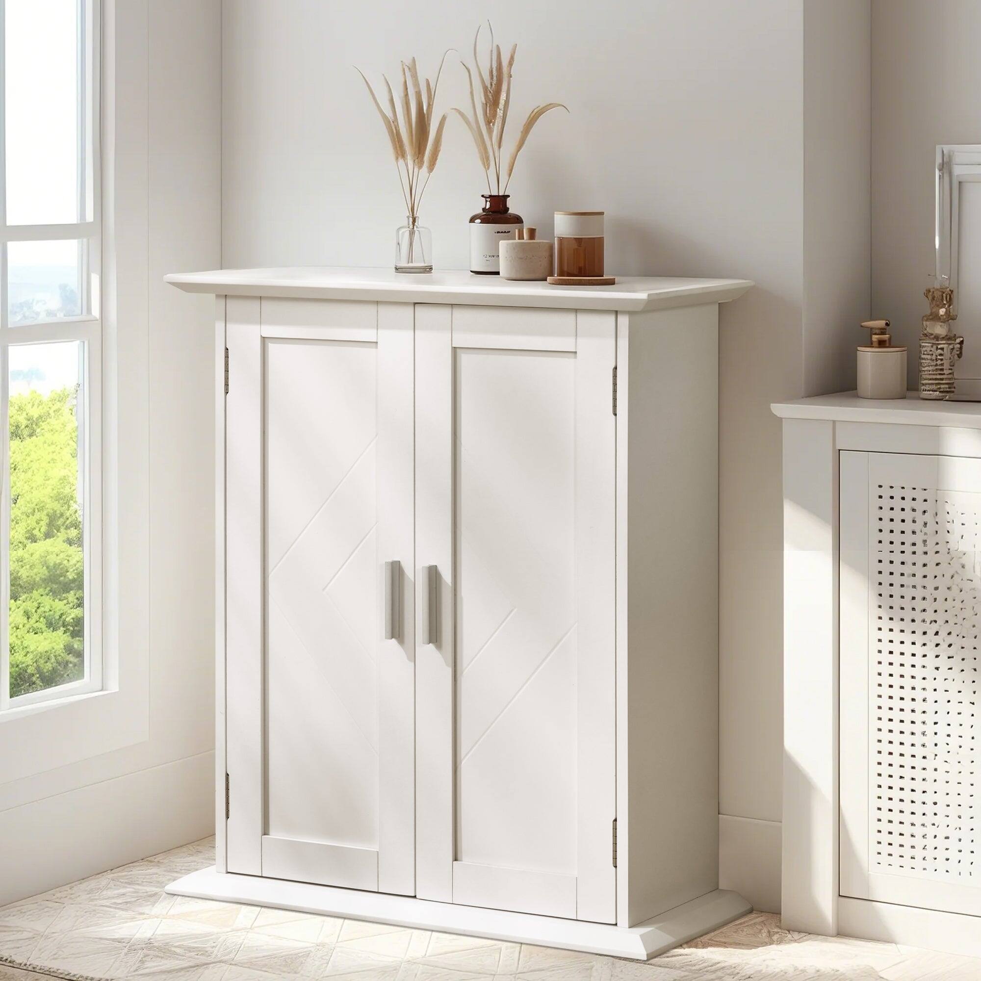 Left. Vecelo - Freestanding Bathroom Storage Cabinet with Adjustable Shelves, Waterproof MDF Floor Cabinet for Small Spaces - White.