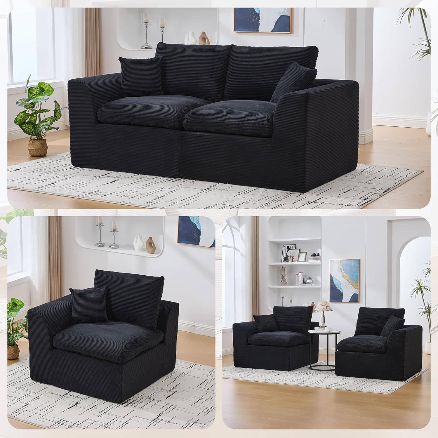 Trinkets Crazed - Modular Sectional Sofa Cloud Couch 2 Seater with Removable Cushion Covers - Black