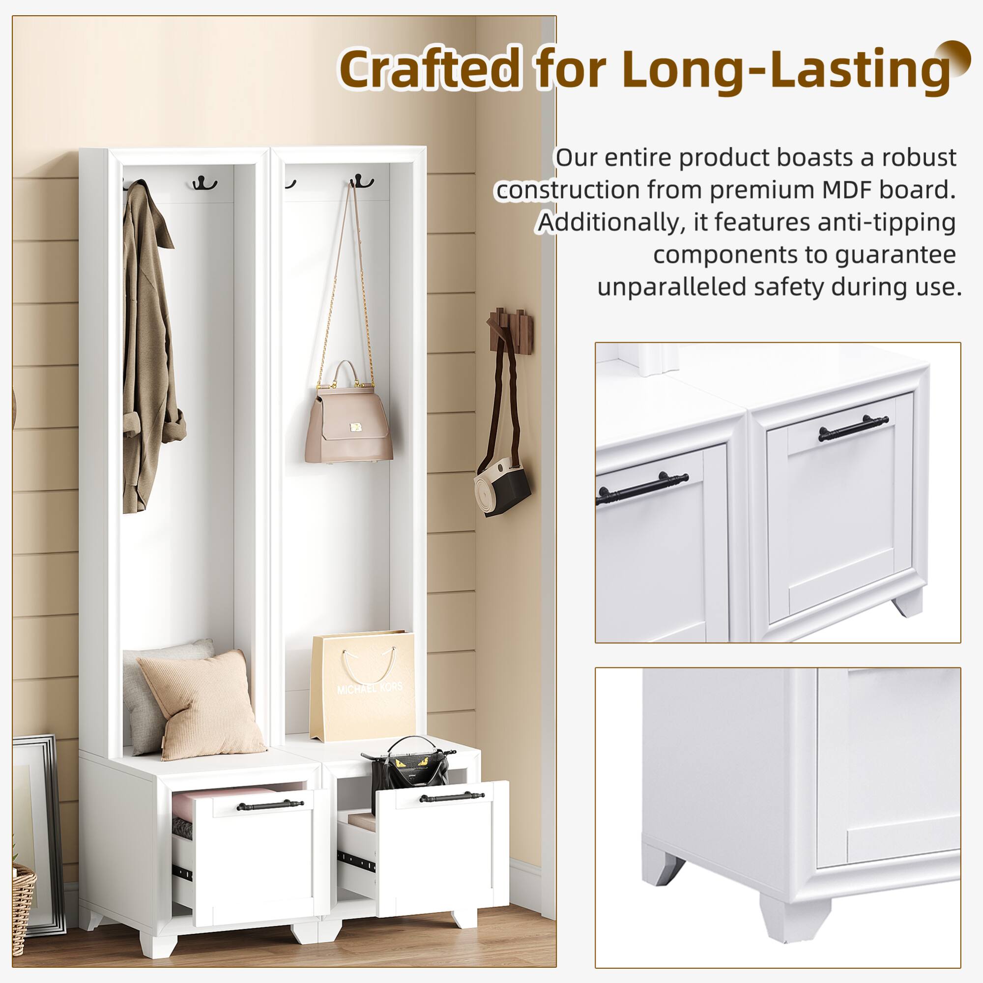 Crafted for Long-Lasting

Our entire product boasts a robust construction from premium MDF board. Additionally, it features anti-tipping components to guarantee unparalleled safety during use.