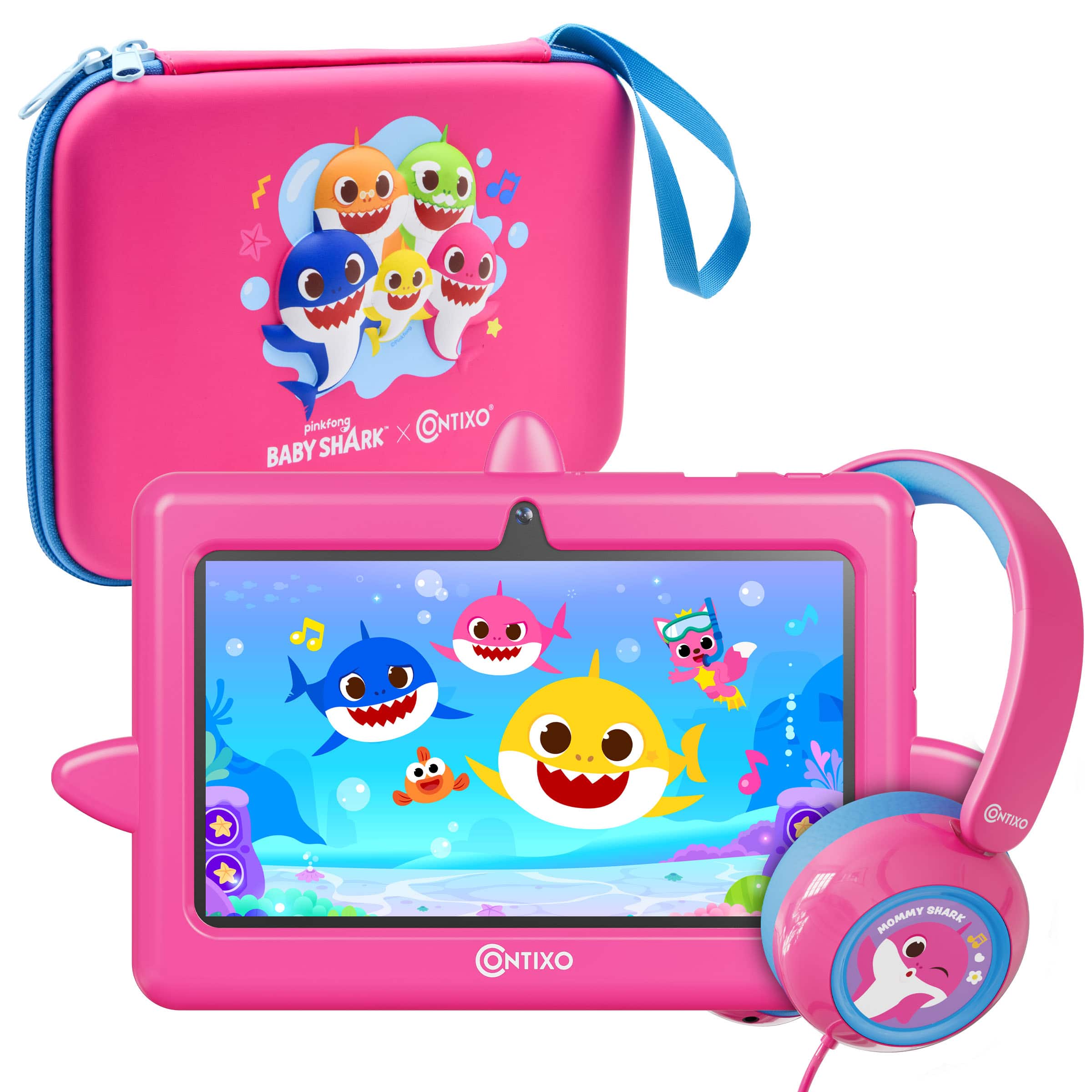 Bundle - Contixo - Baby Shark 7-Inch Kids Tablet with 8 Learning Apps, Protective Case, Headphones & Carrying Bag - Pink