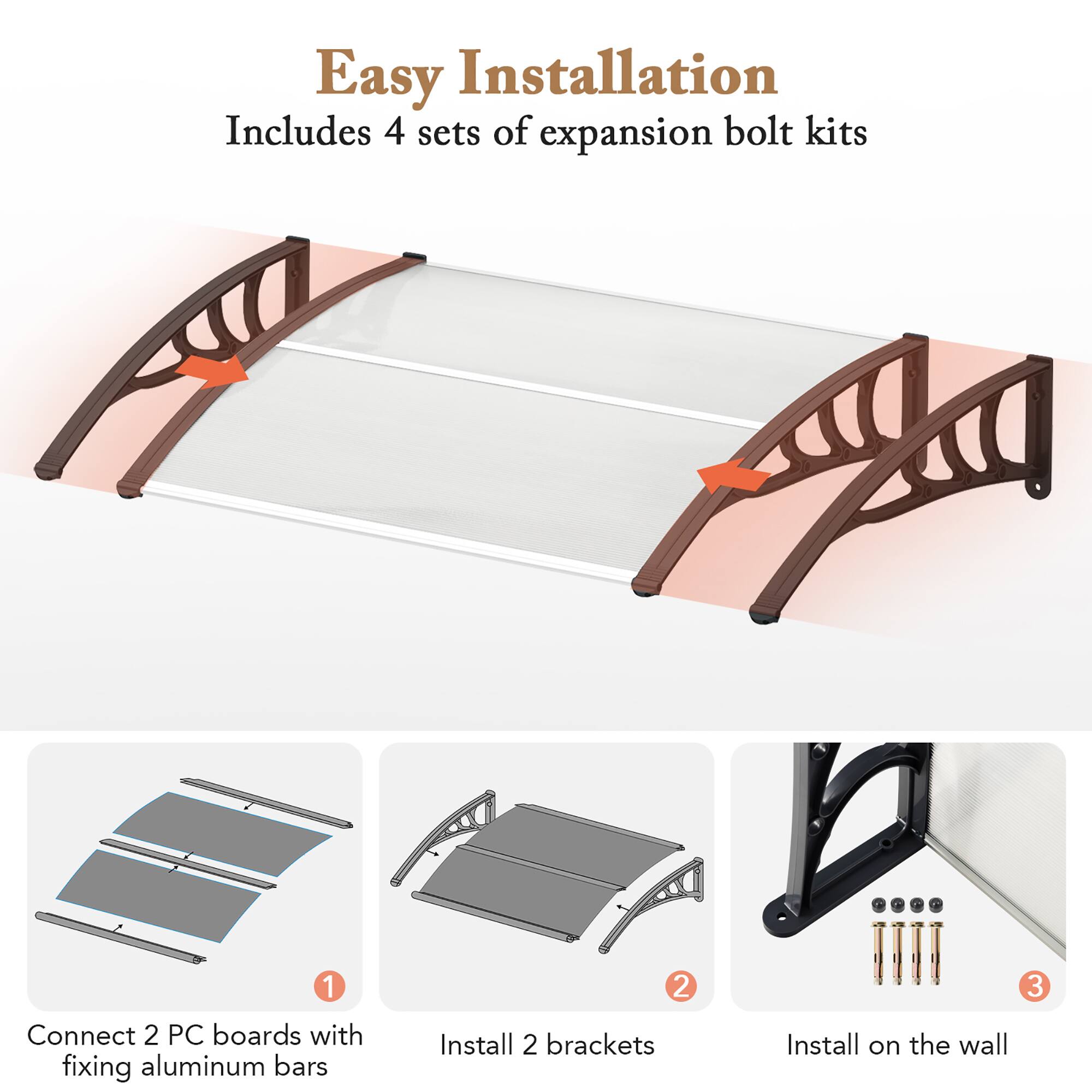 Easy Installation  
Includes 4 sets of expansion bolt kits

1. Connect 2 PC boards with fixing aluminum bars
2. Install 2 brackets
3. Install on the wall