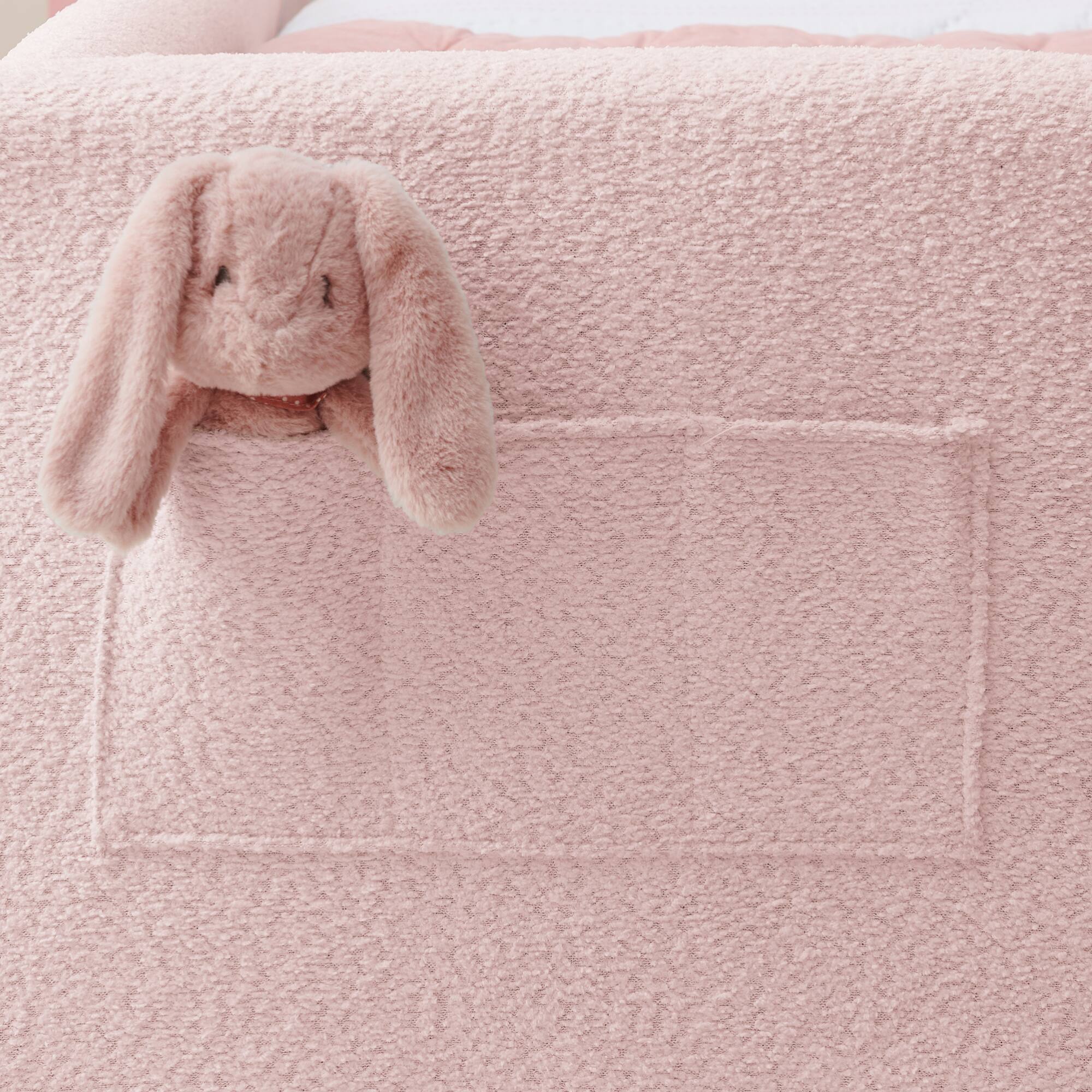 Alt View 6. GOODSILO - Twin Size Upholstered Platform Bed with Playful Bunny Ear Headboard and Safety Features in Soft Neutral Fabric - Pink.