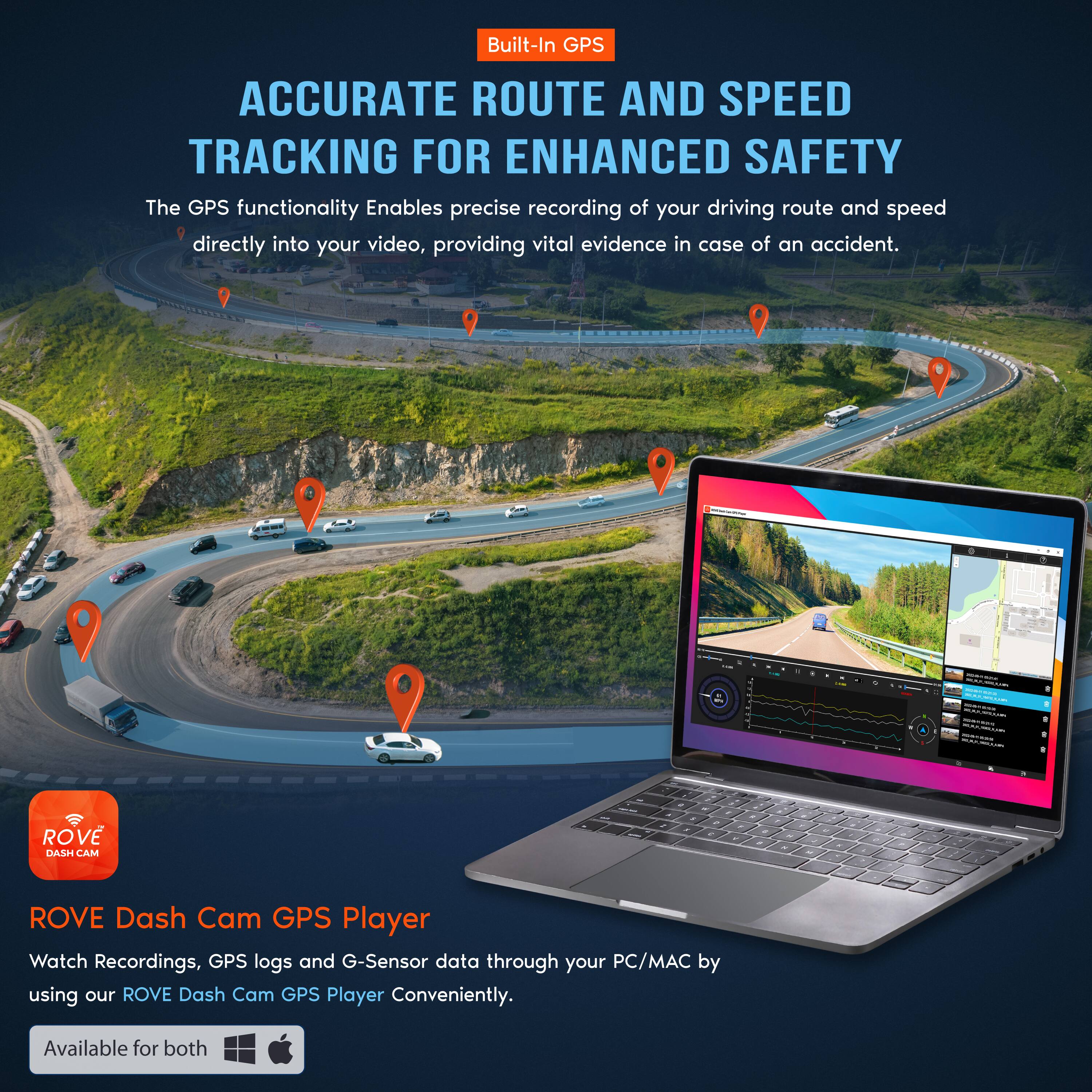 Built-In GPS ACCURATE ROUTE AND SPEED TRACKING FOR ENHANCED SAFETY

The GPS functionality enables precise recording of your driving route and speed directly into your video, providing vital evidence in case of an accident.

ROVE Dash Cam GPS Player

Watch recordings, GPS logs, and G-Sensor data through your PC/MAC by using our ROVE Dash Cam GPS Player conveniently. Available for both.
