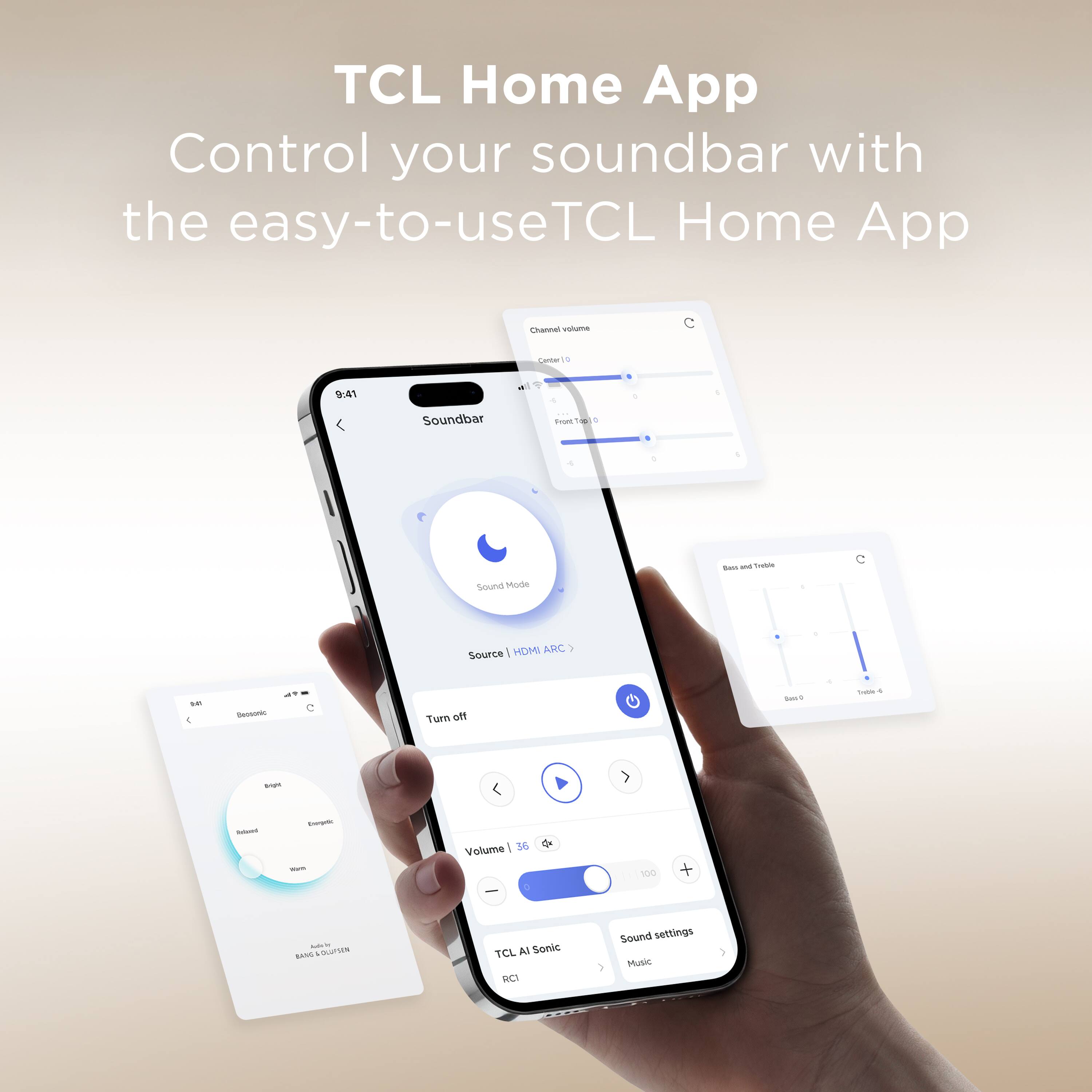TCL Home App  
Control your soundbar with the easy-to-use TCL Home App

Soundbar  
Sound Mode  
Source | HDMI ARC  
Turn off  
Volume | 36  
Sound settings  
Music  
TCL AI Sonic  
RCI