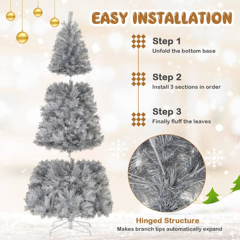 EASY INSTALLATION

Step 1: Unfold the bottom base
Step 2: Install 3 sections in order
Step 3: Finally fluff the leaves

Hinged Structure Makes branch tips automatically expand