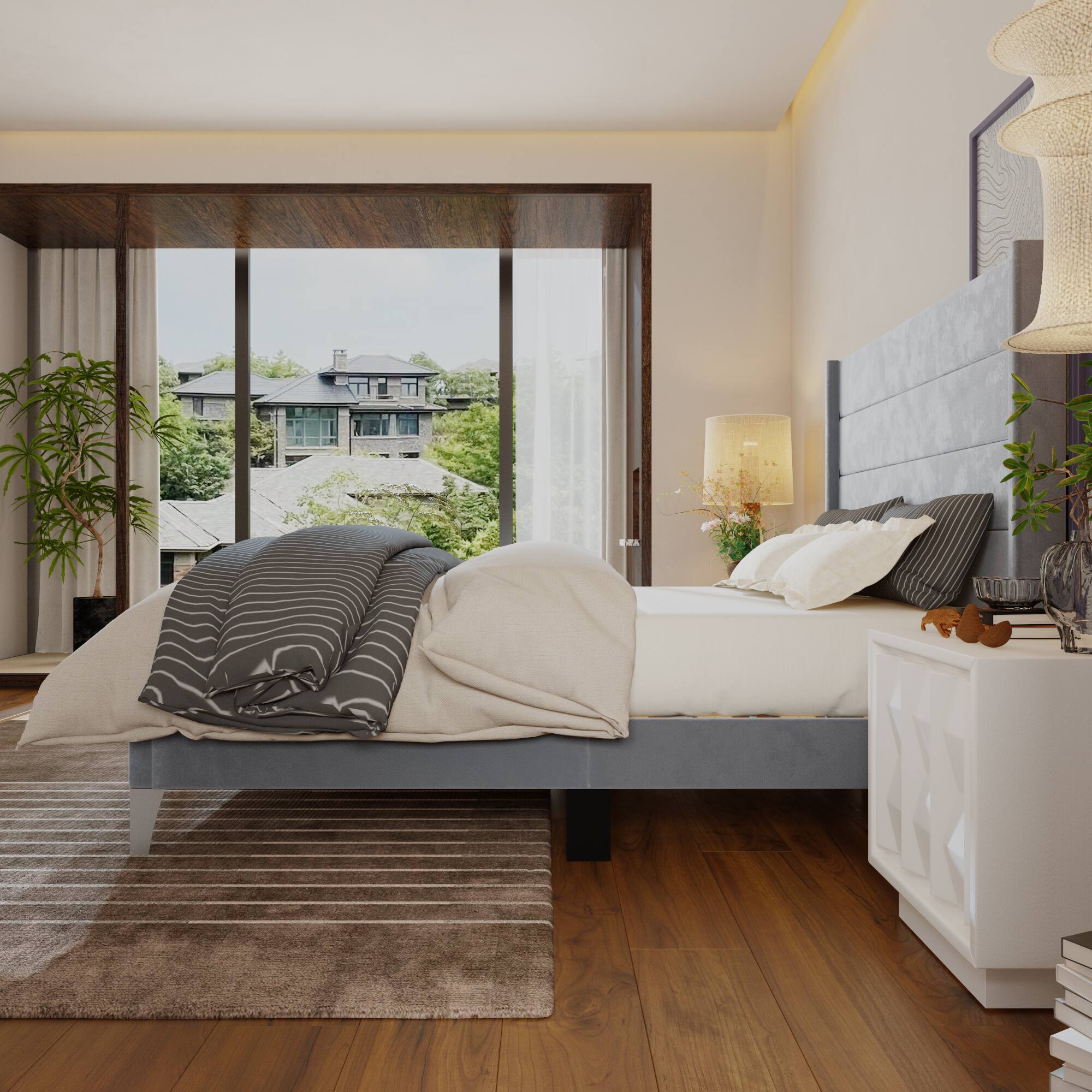 Alt View 5. Famapy - Famapy Upholstered Bed Frame - Thickened Slats, Stable Support, Soft Headboard - Blue.