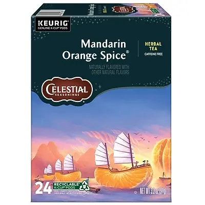 KEURIG GENUINE K-CUP PODS  
Mandarin Orange Spice  
NATURALLY FLAVORED WITH OTHER NATURAL FLAVORS  
HERBAL TEA  
CAFFEINE FREE  
CELESTIAL SEASONINGS  
RECYCLABLE  
24 K-CUP PODS  
NET WT 1.32 OZ (37g)