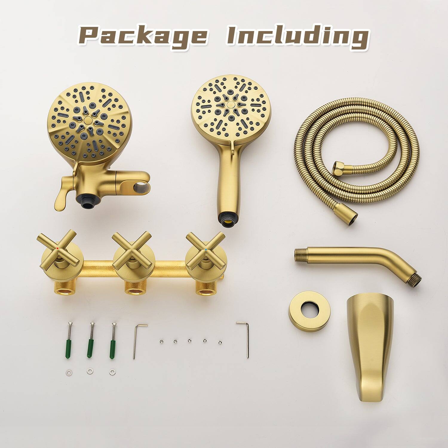 Package Including

- Showerhead
- Handheld Showerhead
- Flexible Hose
- Shower Arm
- Faucet
- Faucet Handles
- Drain
- Drain Cover
- Screws and Washers