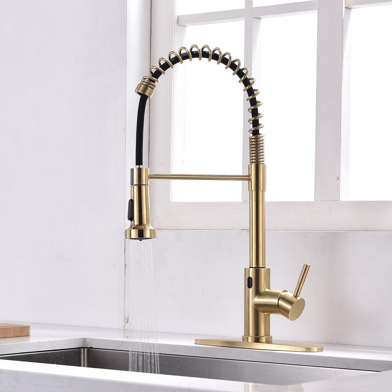 Front. Boyel Living - Brushed Gold Single Handle Touchless Sensor Gooseneck Pull Down Sprayer Kitchen Faucet - Brushed Gold.