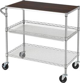 Finnhomy - 3-Tier Heavy Duty Utility Cart with Reinforced Wood Top – 18" x 36" Kitchen Cart with 600 lb Capacity - Chrome