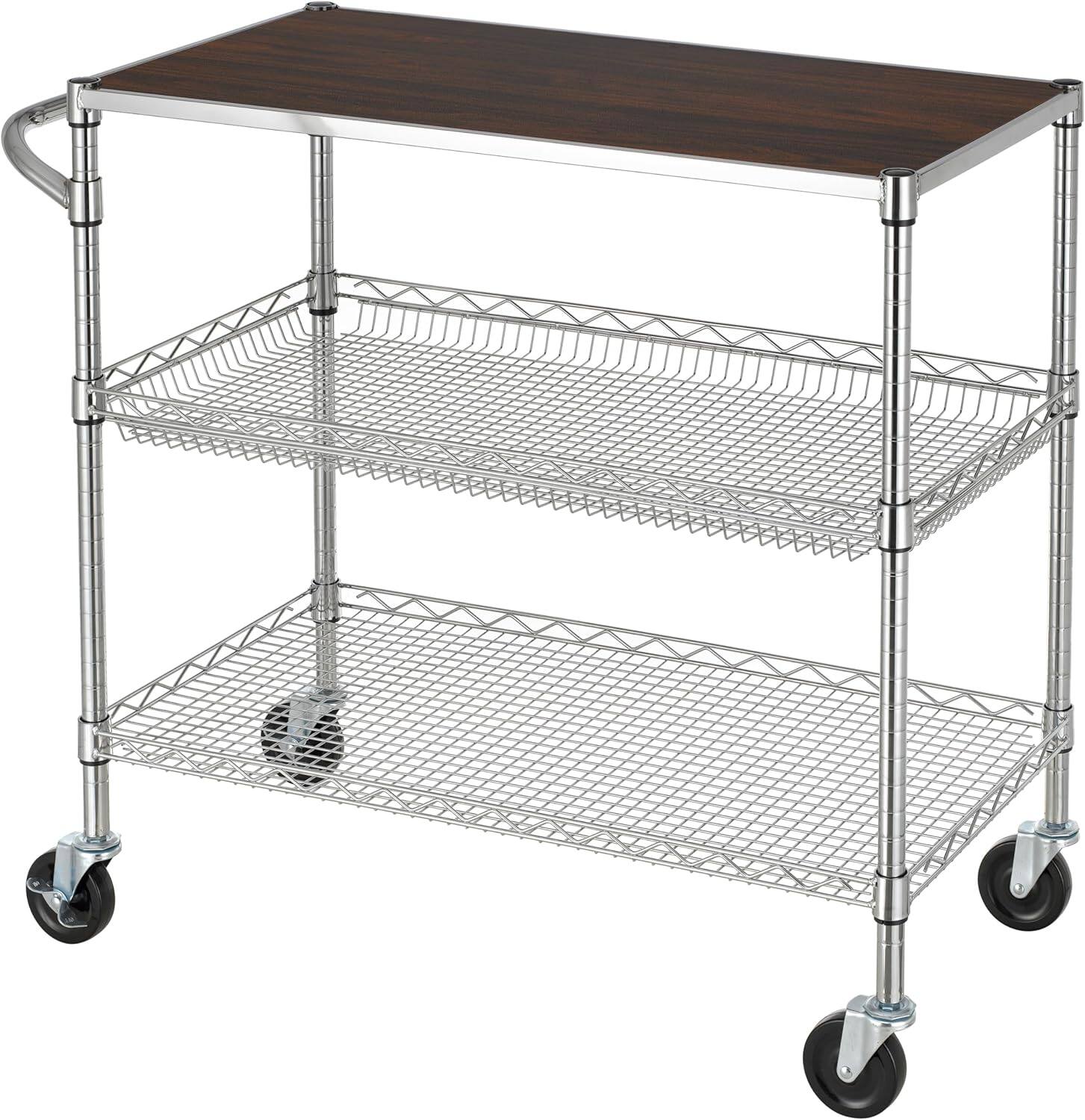 Front. Finnhomy - Finnhomy 3-Tier Heavy Duty Utility Cart with Reinforced Wood Top – 18" x 36" Kitchen Cart with 600 lb Capacity, Chrome - Chrome.