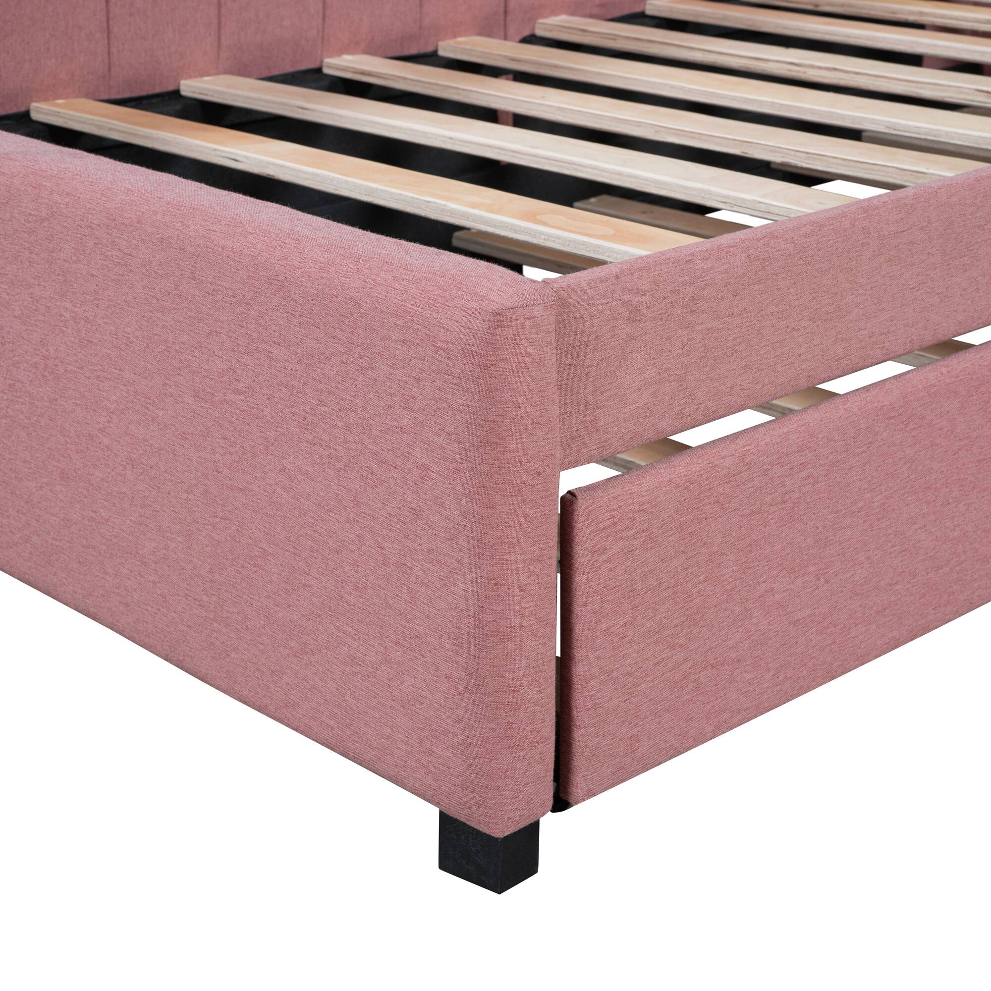 Alt View 6. Tiramisubest - Upholstered Daybed with Trundle Twin Size Sofa Bed Frame No Box Spring Needed, Linen Fabric(Pink) - Pink.