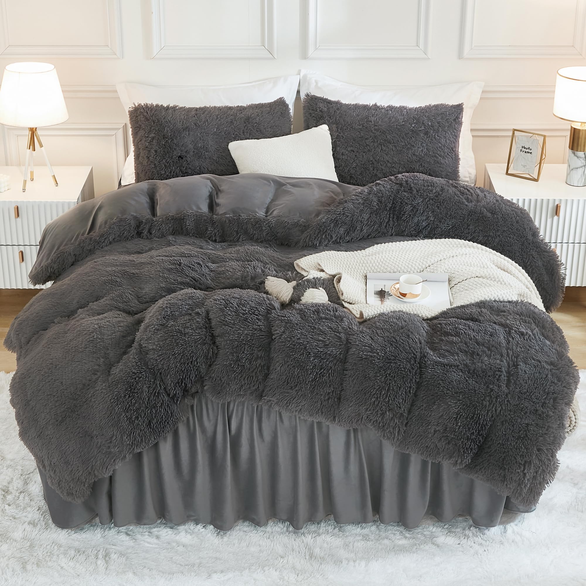 PARKER SLATER - Fluffy Navy Blue Comforter Set King Size 3 Pieces Winter Faux Warm Soft Fuzzy Plush Bedding (1 & 2 Pillowcases) - 05 - Dark Grey-King (104*90 in)